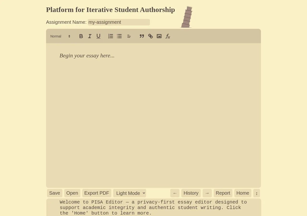 PISA Editor essay editor interface showing the Quill toolbar and the Save, Open, Export PDF, History and Report buttons