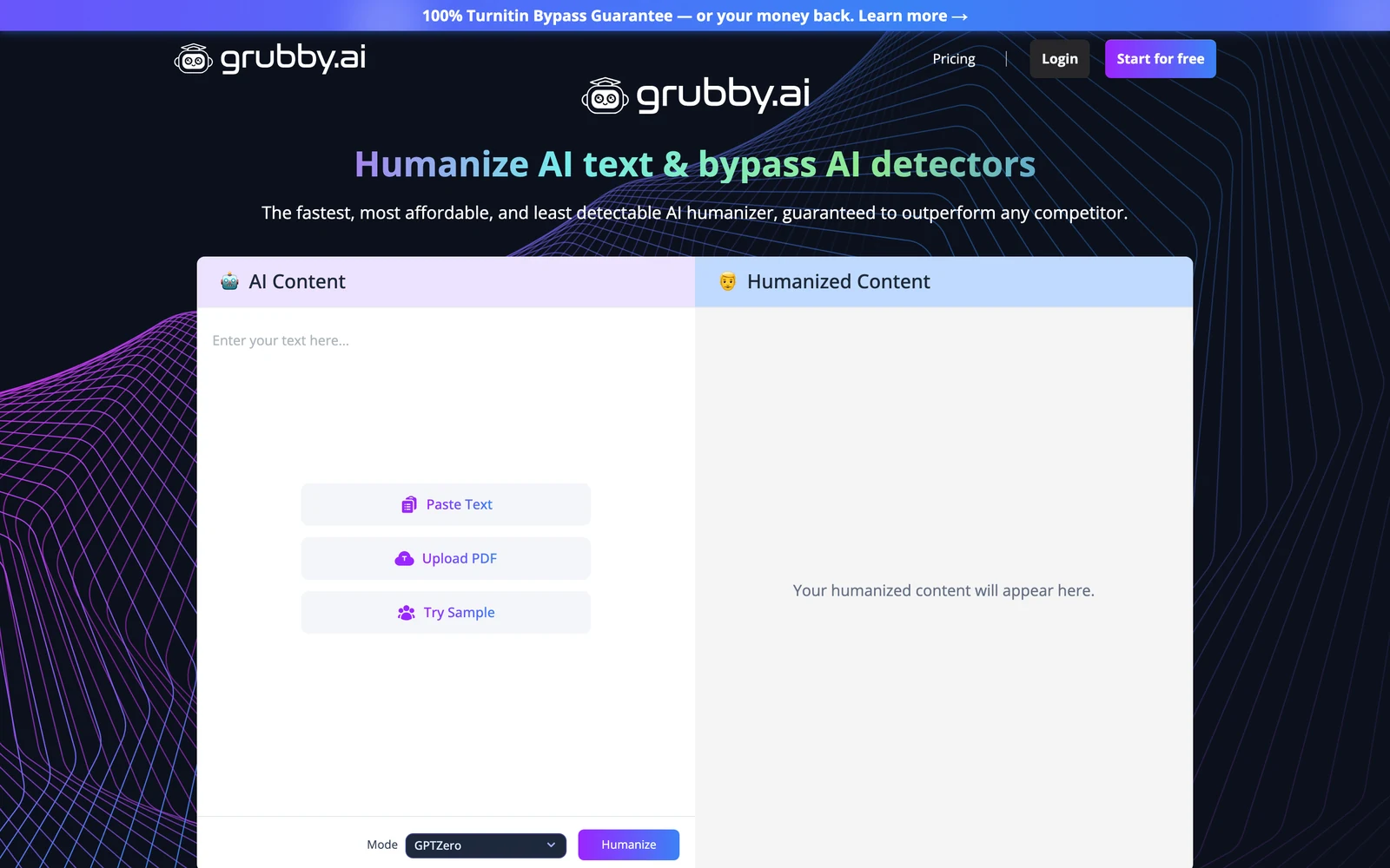 Grubby AI Review - Homepage Screenshot