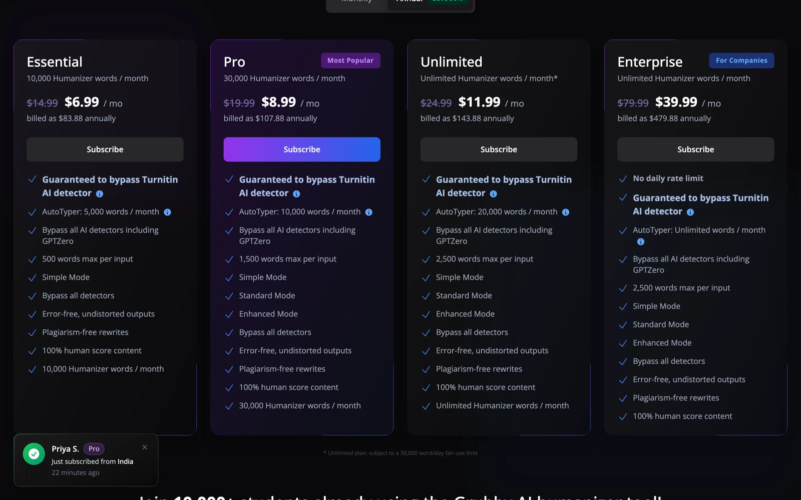Grubby AI Review - Pricing Screenshot