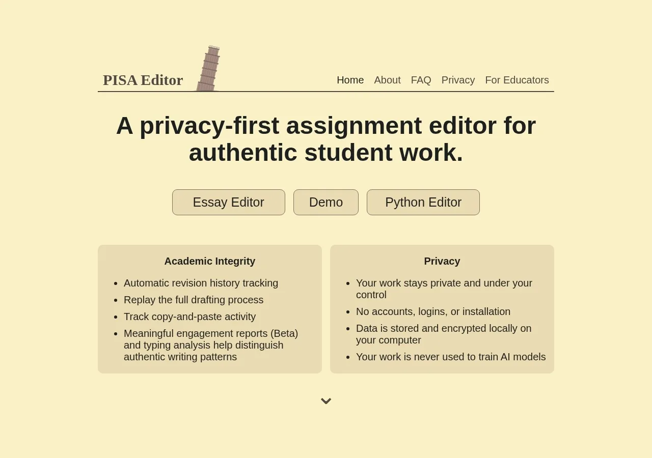 PISA Editor homepage showing the privacy-first assignment editor tagline with Academic Integrity and Privacy feature columns