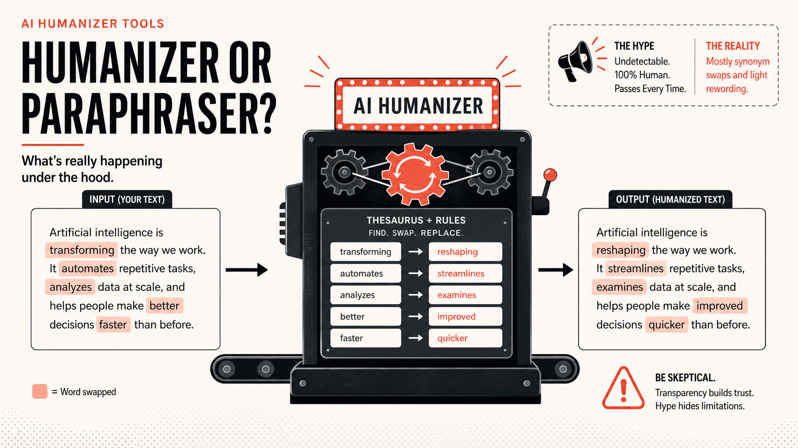 Infographic explaining that many AI humanizers, including Netus, are really paraphrasers that swap synonyms rather than rewriting