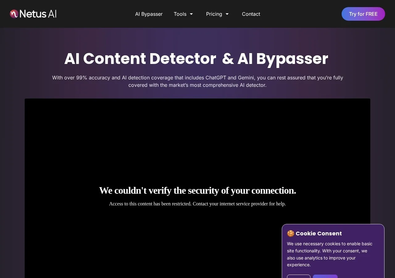 Netus AI homepage showing AI Content Detector and AI Bypasser