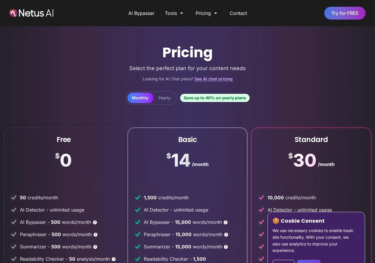 Netus AI pricing page: Free $0, Basic $14 per month, Standard $30 per month