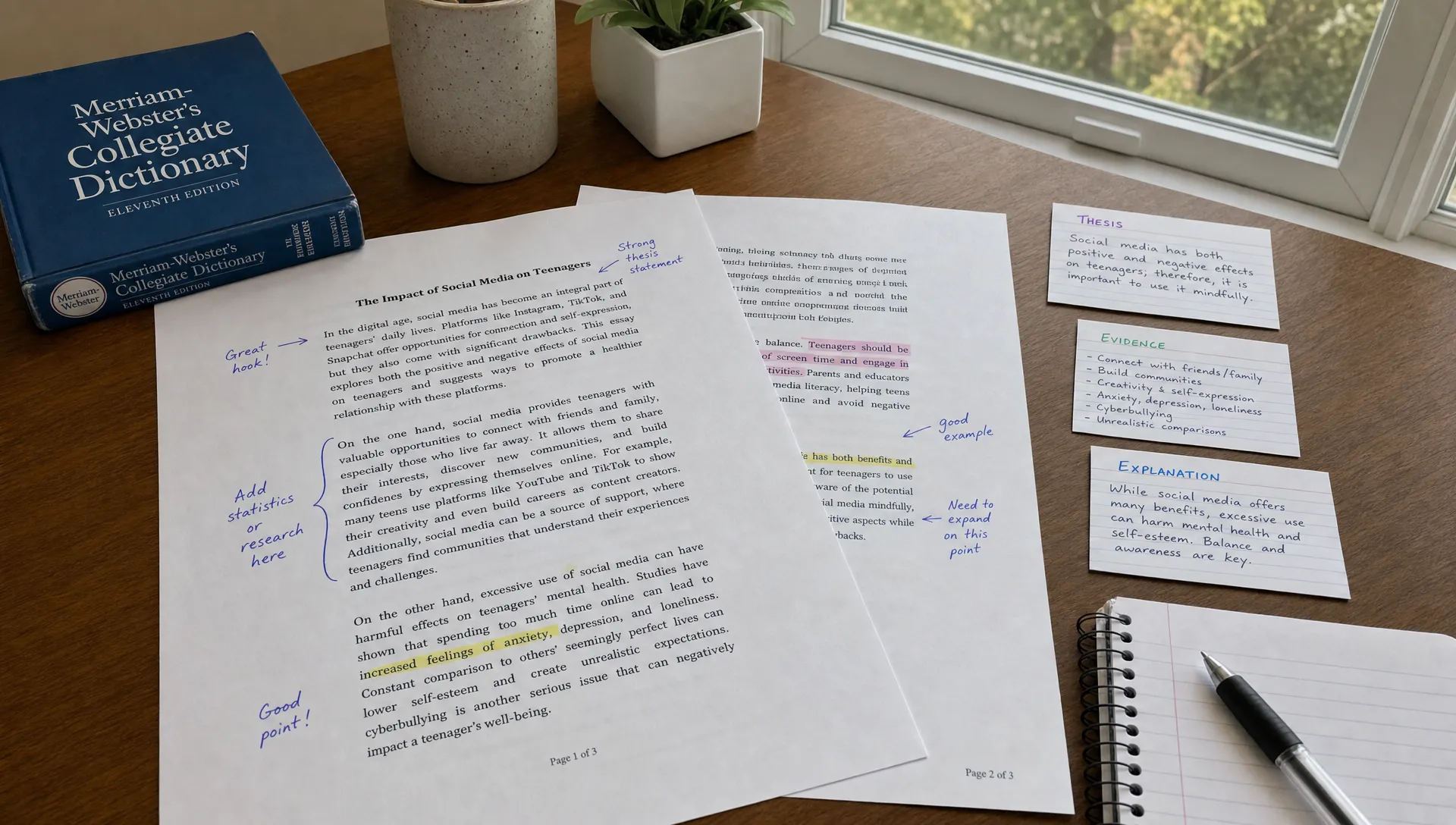 Printed essay pages on a desk with handwritten revision notes, highlighted source excerpts, a bilingual dictionary, and index cards showing thesis, evidence, and explanation, arranged beside a window with a notebook and pen nearby.