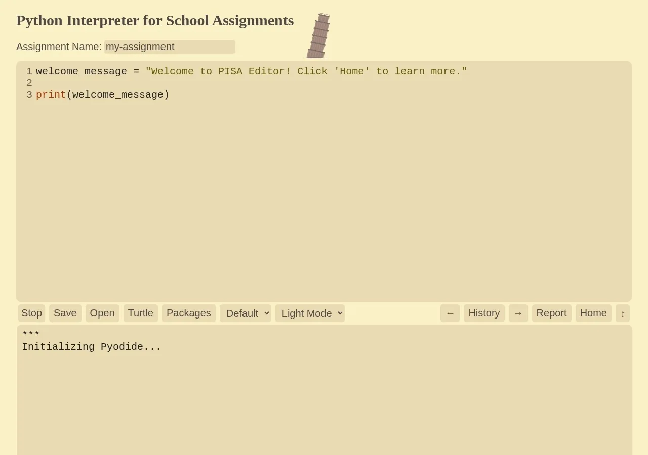 PISA Editor Python interpreter showing example code, the Pyodide runtime initializing, and the Turtle and Packages controls