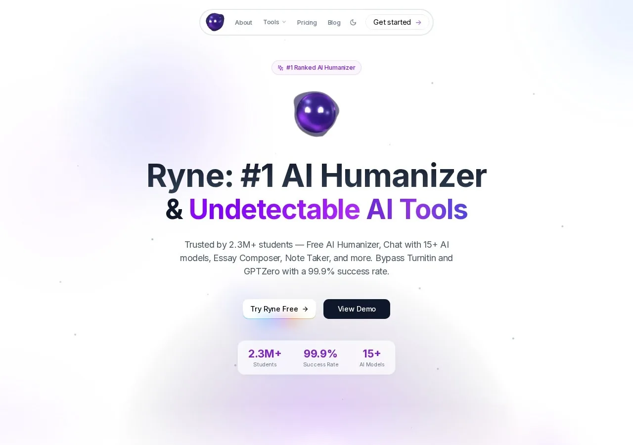 Ryne AI homepage screenshot showing headline and claimed success rate
