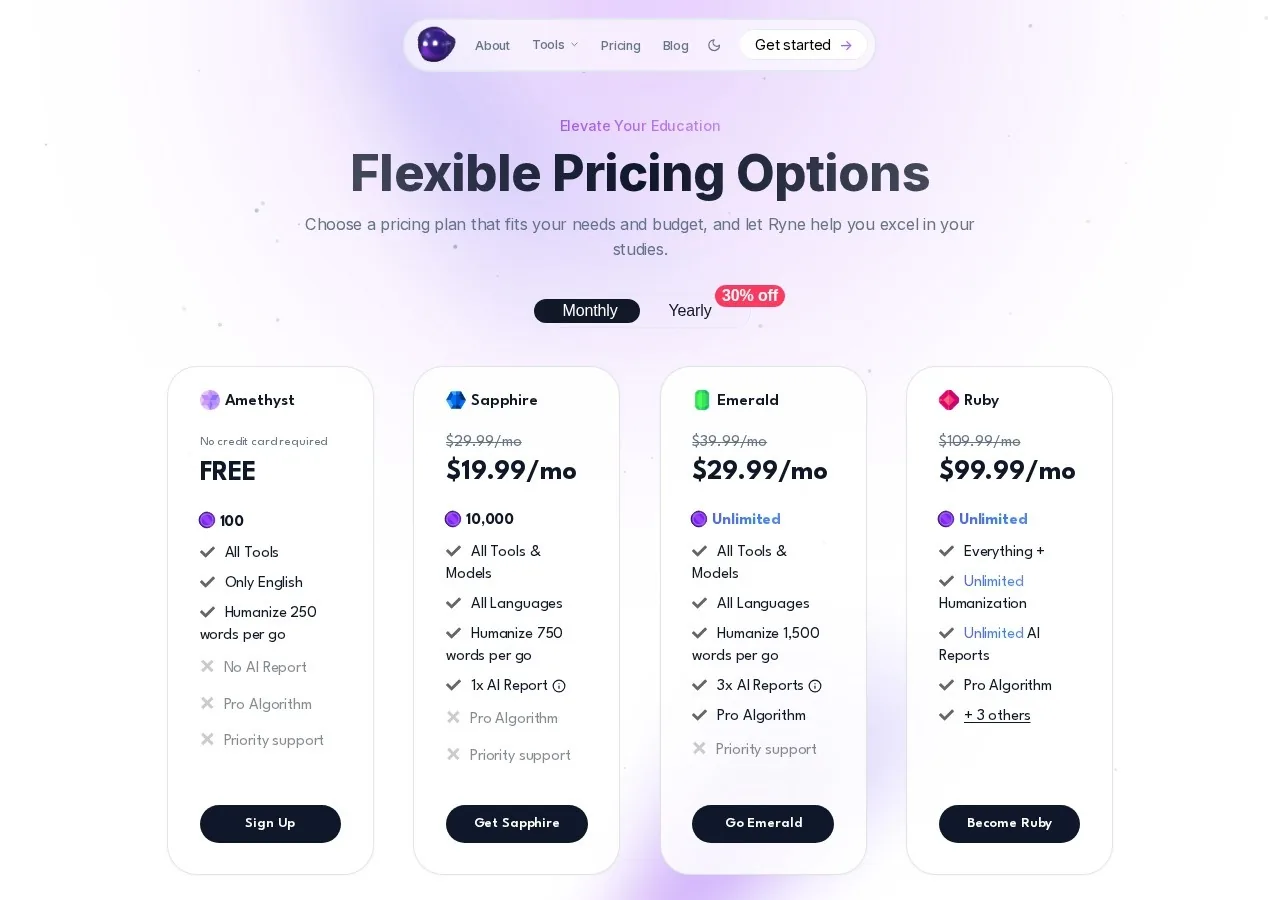 Ryne AI pricing page screenshot showing four plan tiers