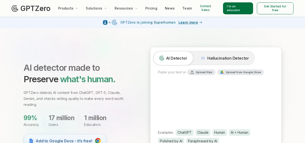GPTZero AI detector homepage