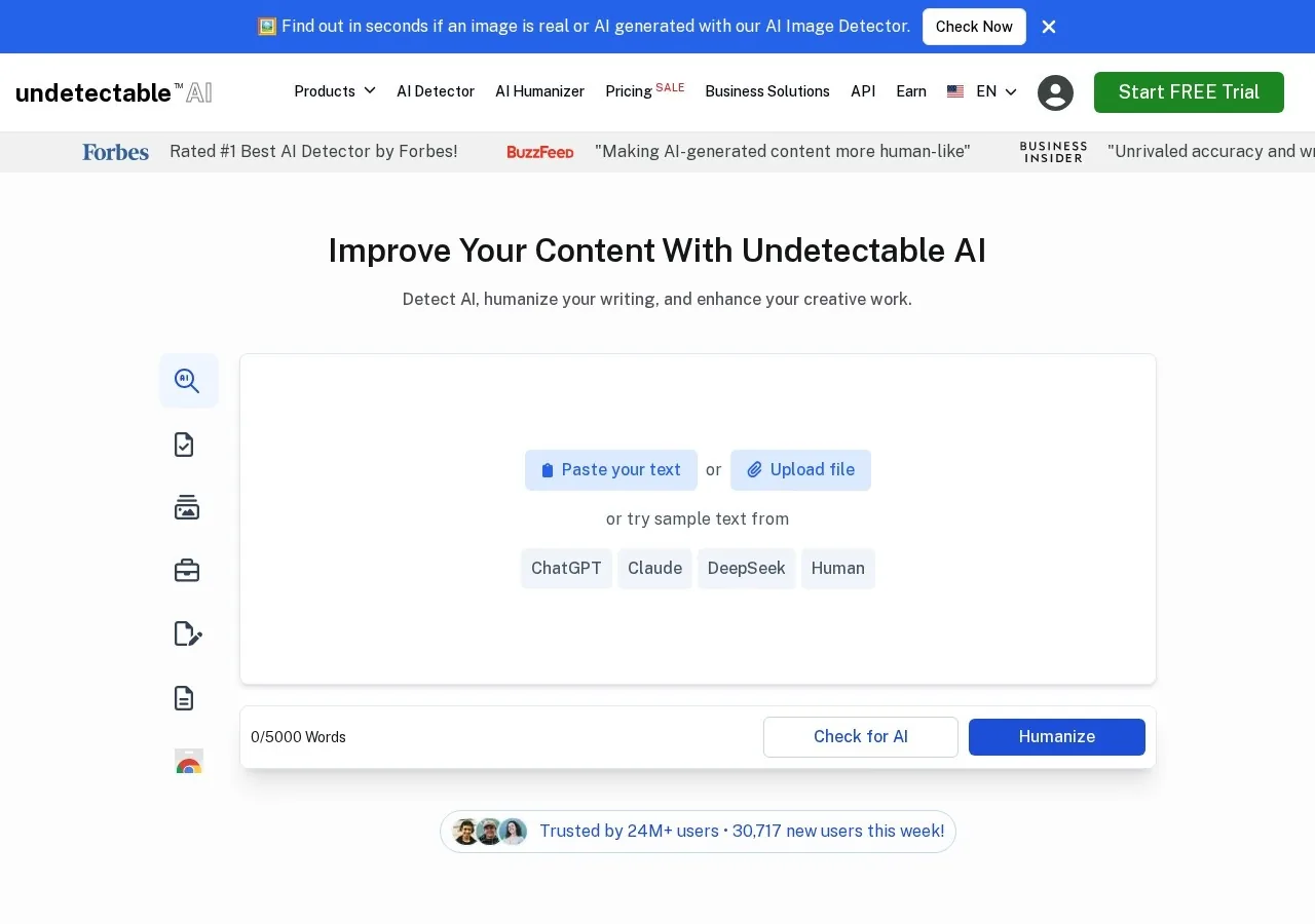 Undetectable AI homepage screenshot showing the combined humanizer and detector tool