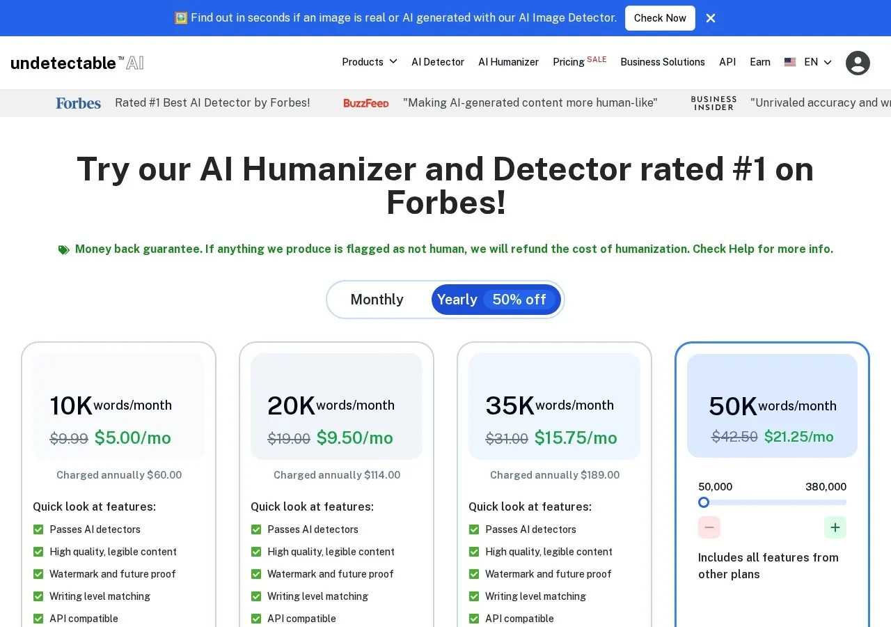 Undetectable AI pricing page screenshot showing word-based tiers