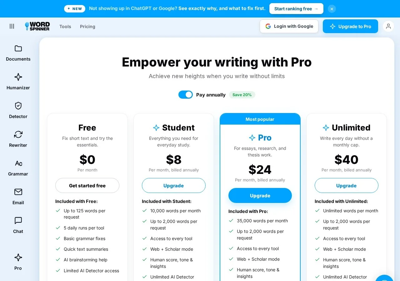 Word Spinner pricing page — Free, Student $8, Pro $24, Unlimited $40 per month annual billing