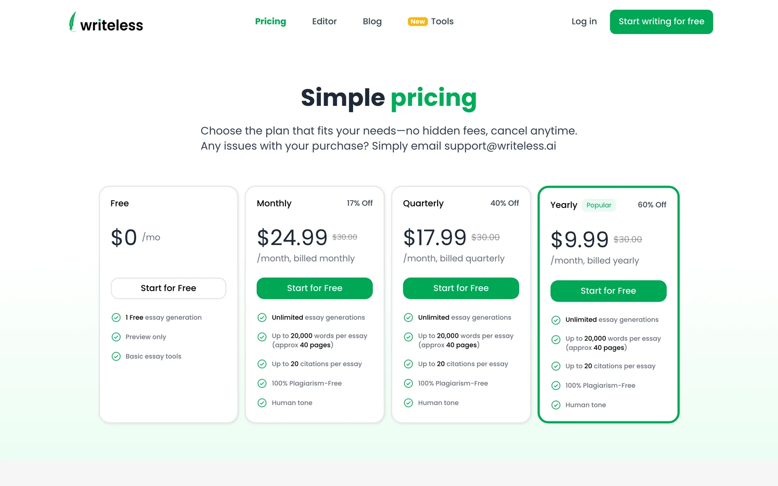 Writeless Review - Pricing Screenshot