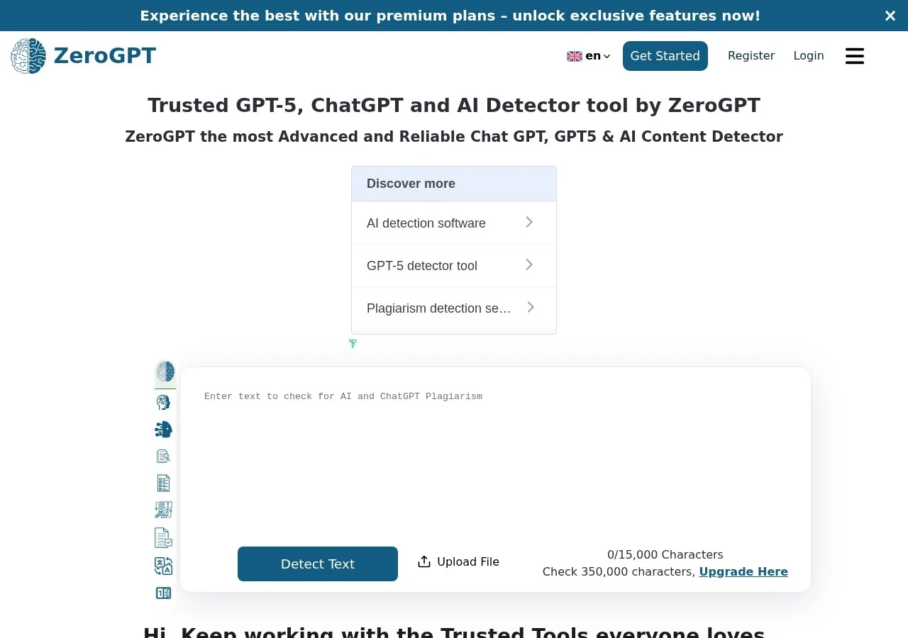ZeroGPT homepage with AI detector text input