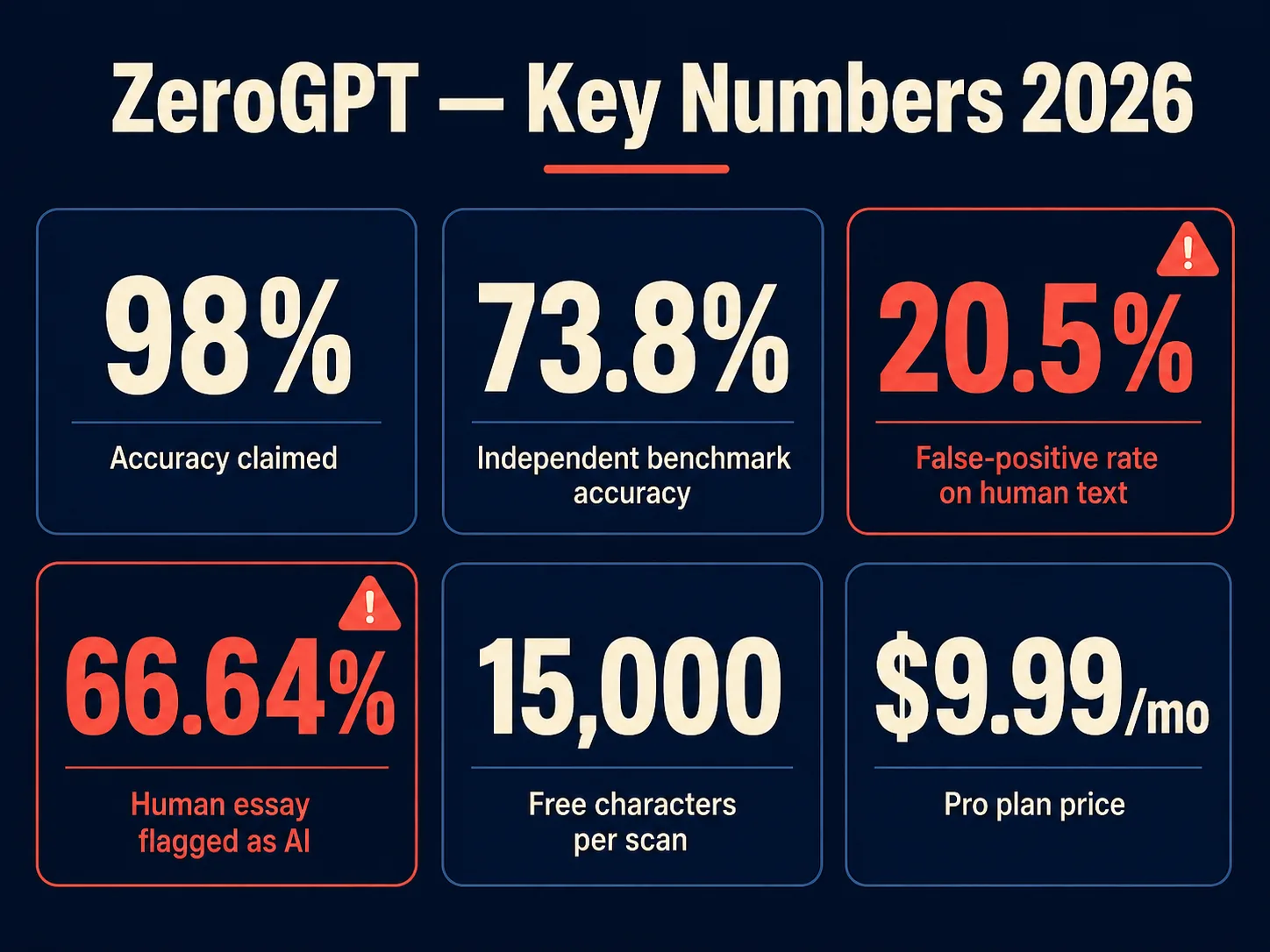 ZeroGPT key statistics 2026: claimed vs tested accuracy, false positive rate, pricing