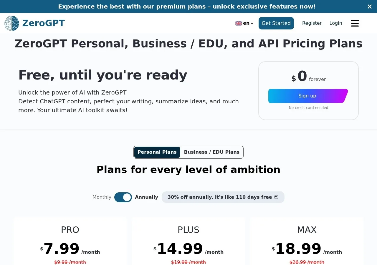ZeroGPT pricing page: Pro, Plus and Max plans