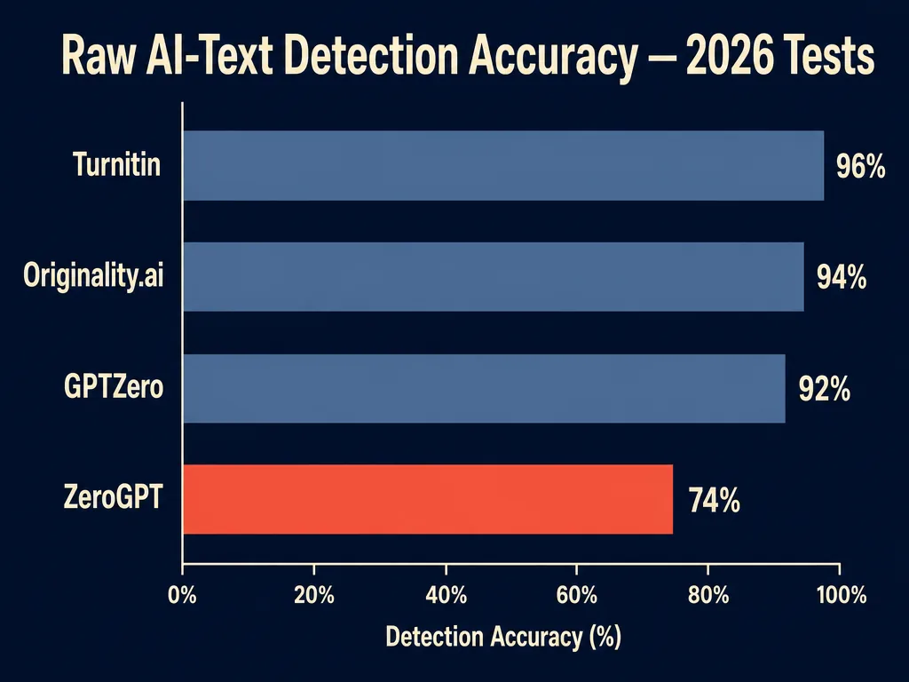 Detection accuracy comparison 2026: Turnitin 96%, Originality.ai 94%, GPTZero 92%, ZeroGPT 74%