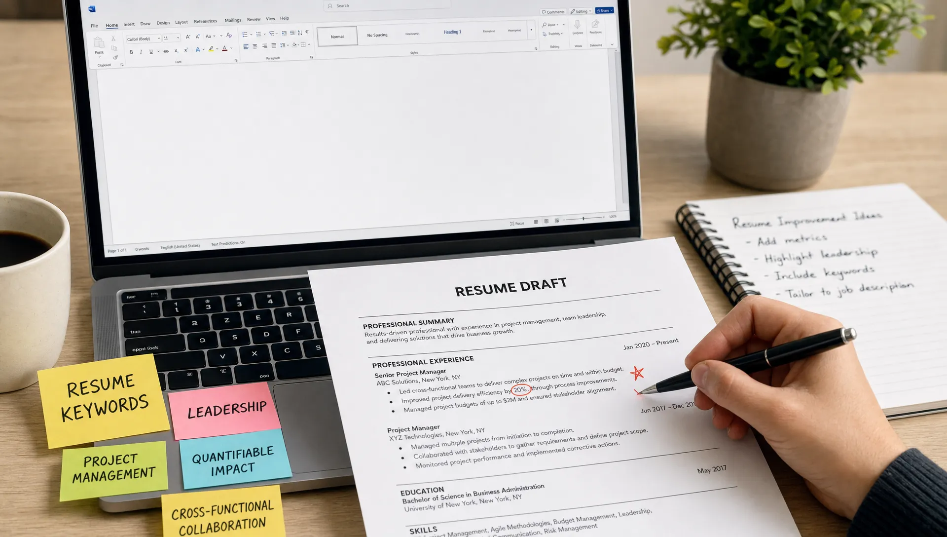 A close-up of a printed resume draft beside a laptop screen facing the camera with a blank editing workspace, sticky notes with job keywords, and a pen marking bullet points for improvement.