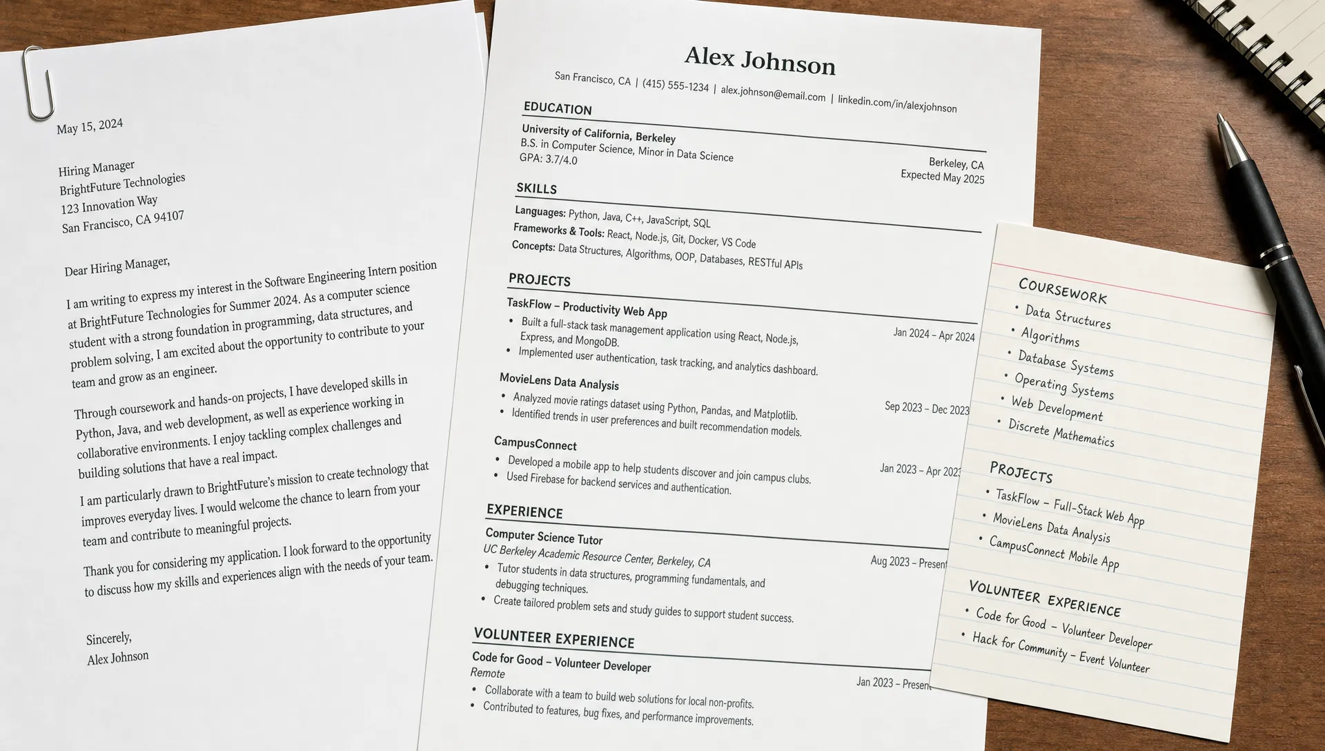 A cover letter, resume, and notes card sit together in an internship application packet with concrete experience details.