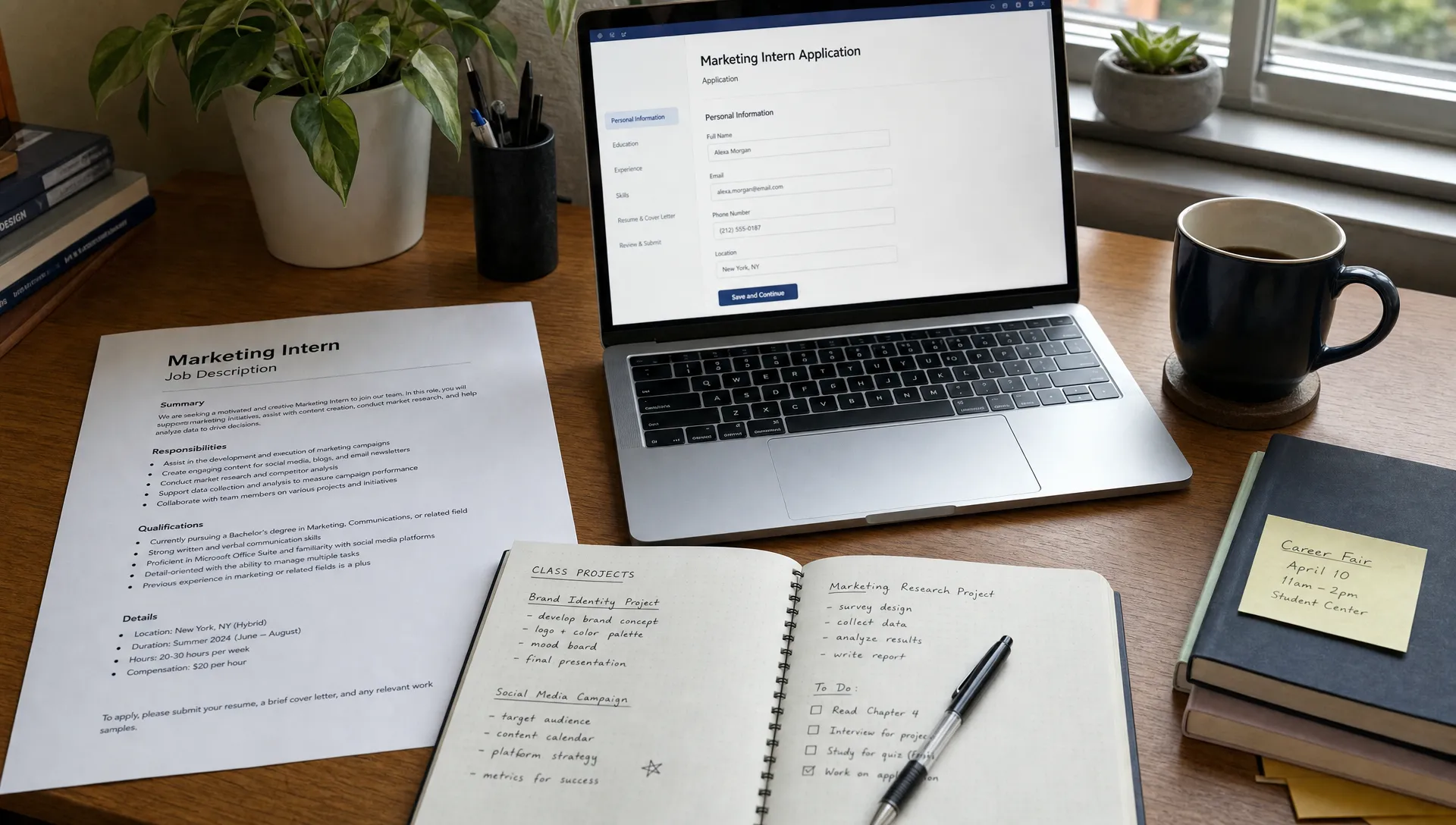 A desk holds an internship job description, notes about class projects, and a laptop open to a draft application.