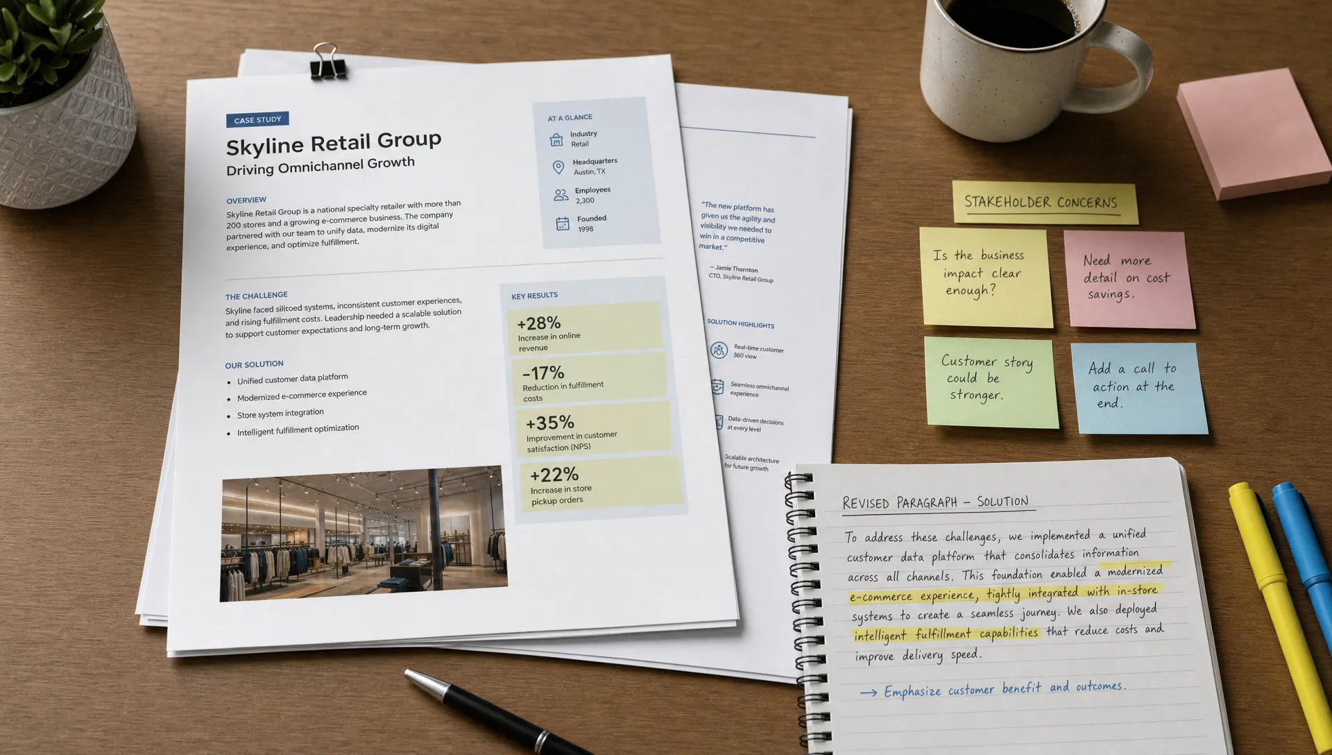 A desk with printed case study pages, highlighted metrics, sticky notes showing stakeholder concerns, and a notebook with revised paragraph notes arranged for editing.
