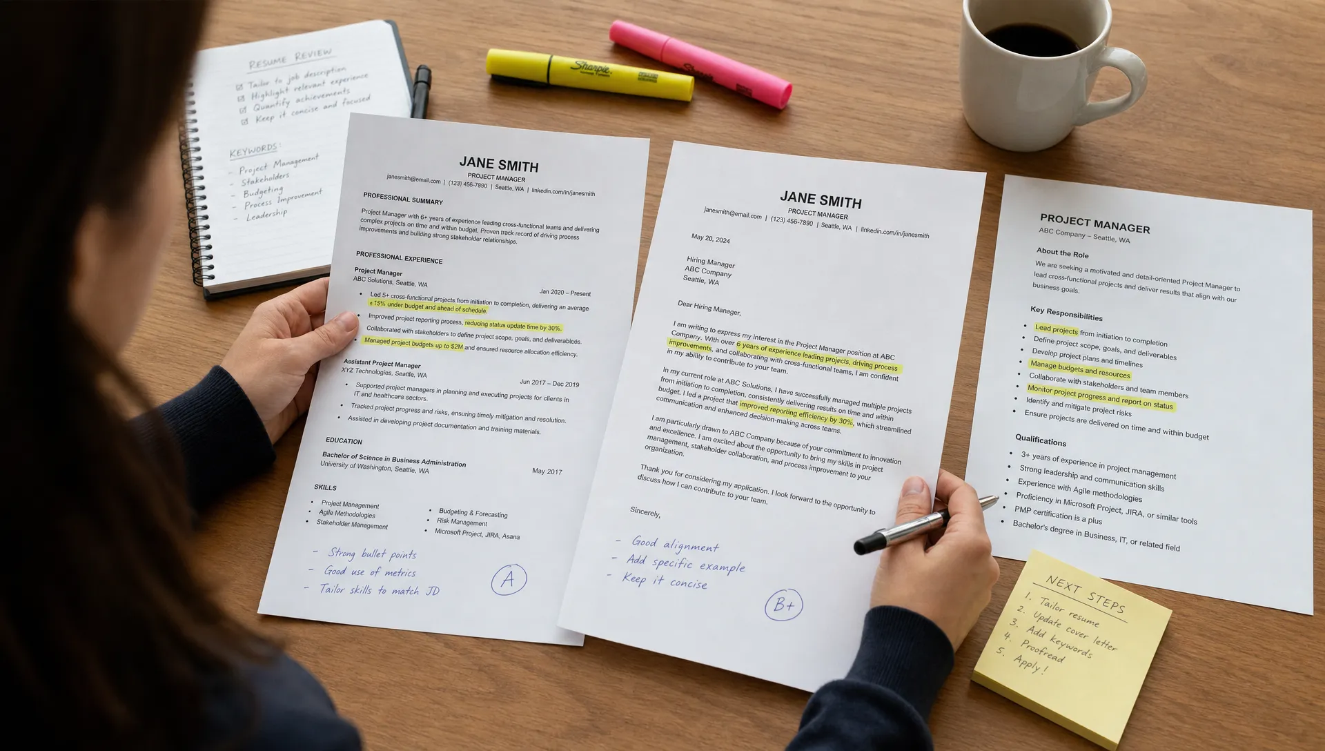 A job seeker comparing printed resume pages and a cover letter on a desk, with highlighted achievements, handwritten notes, and a job description beside them.