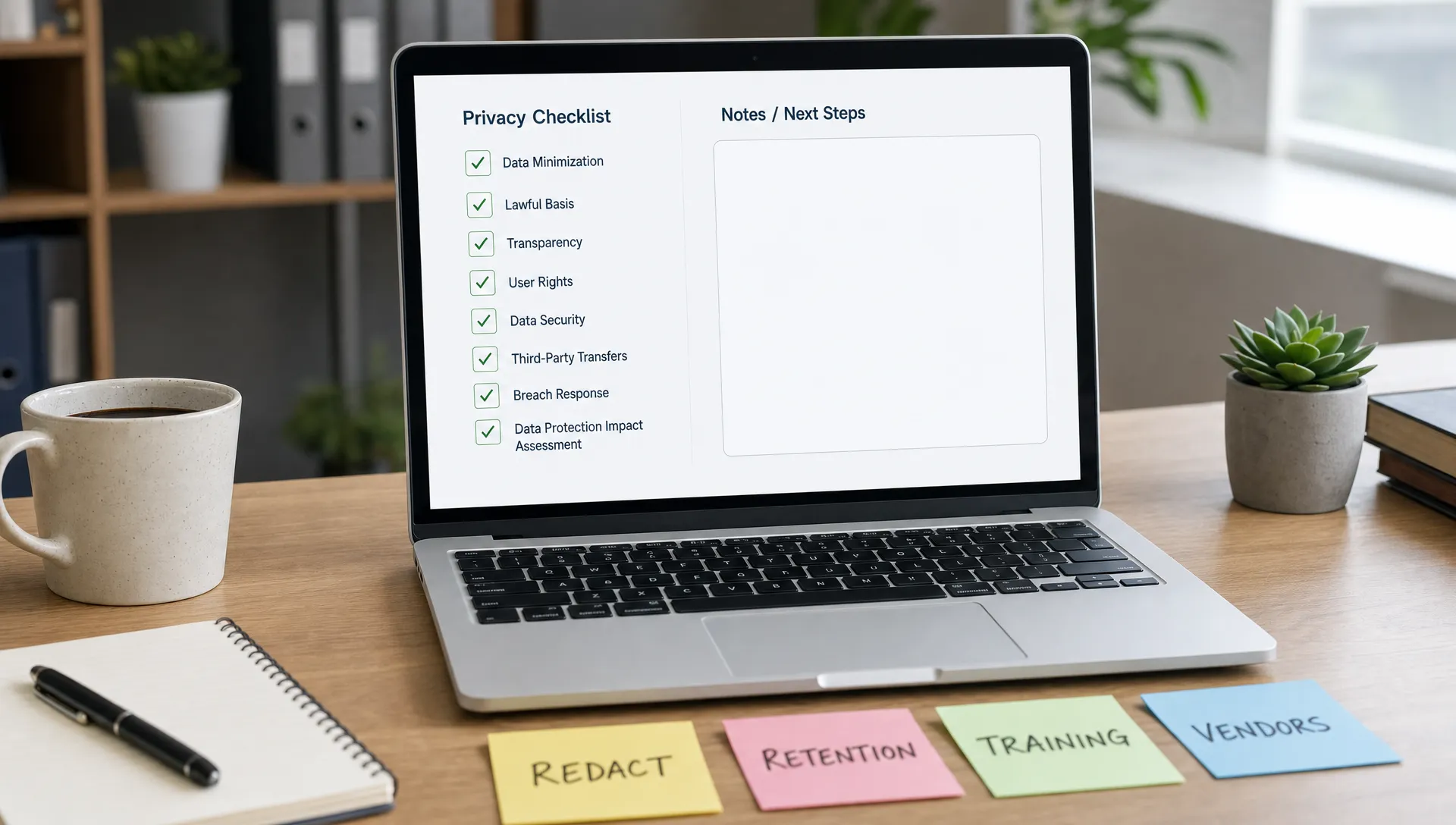 A laptop on a desk shows an empty text box beside a privacy checklist and sticky notes for redact, retention, training, and vendors.