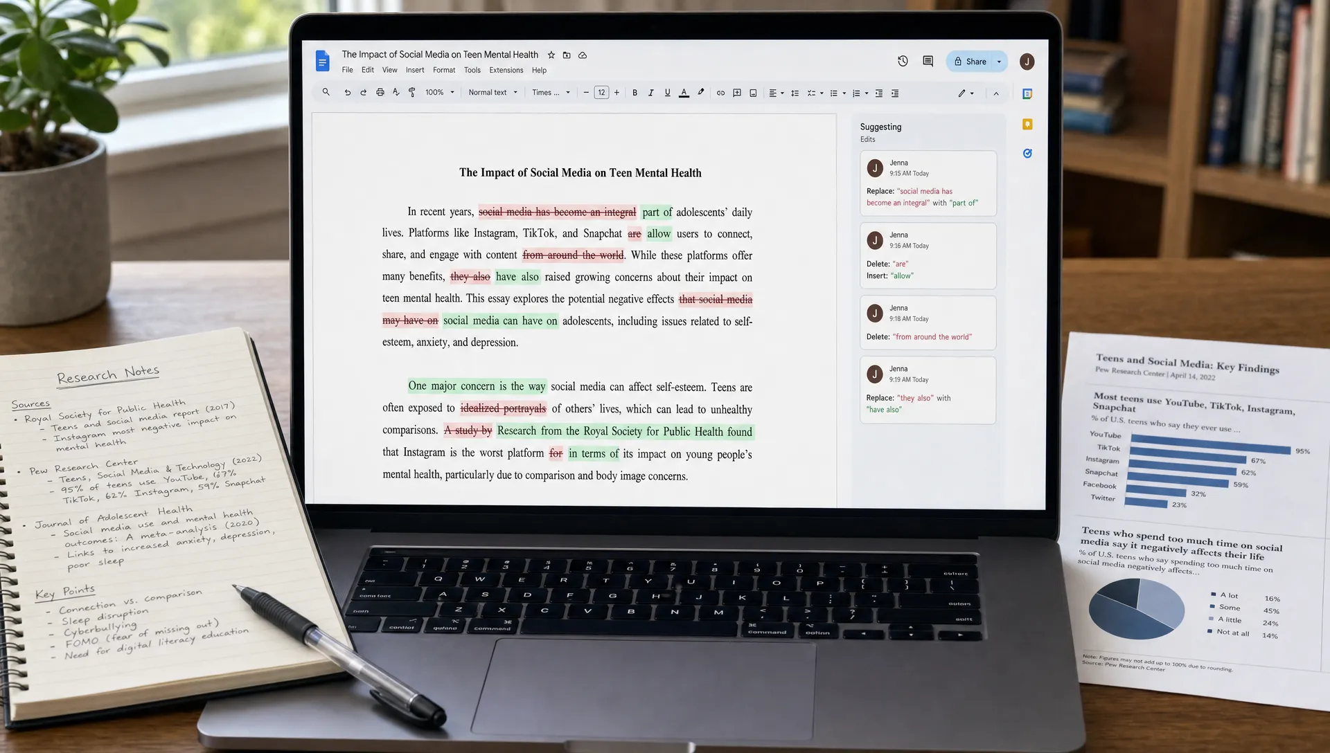 A laptop screen facing the viewer shows a Google Docs-style essay draft with revision highlights, while a notebook of research notes and a printed report sit beside it on a desk.