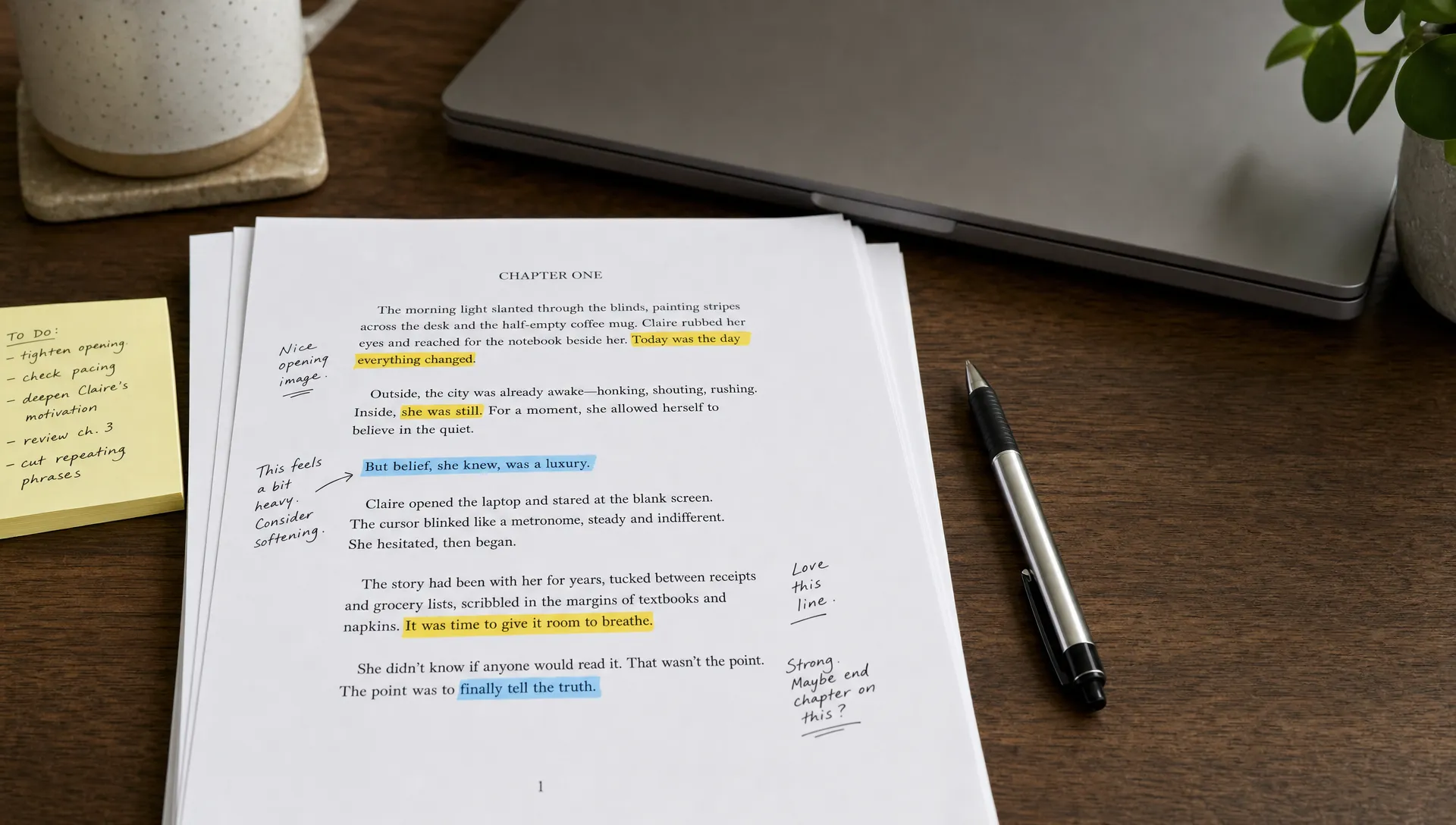 A printed draft lies on a desk with highlighted sentences and handwritten tone notes in the margins, with a pen beside the pages and a closed laptop behind them.