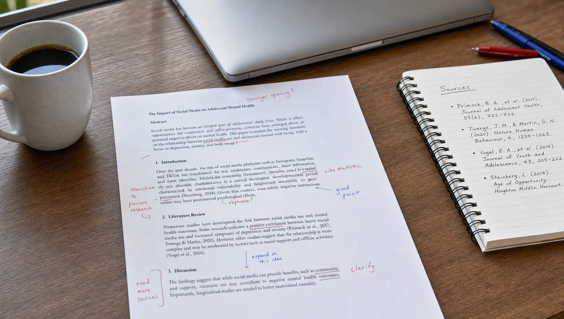 A printed draft with handwritten edits, source notes, a coffee cup, and a closed laptop on a desk.