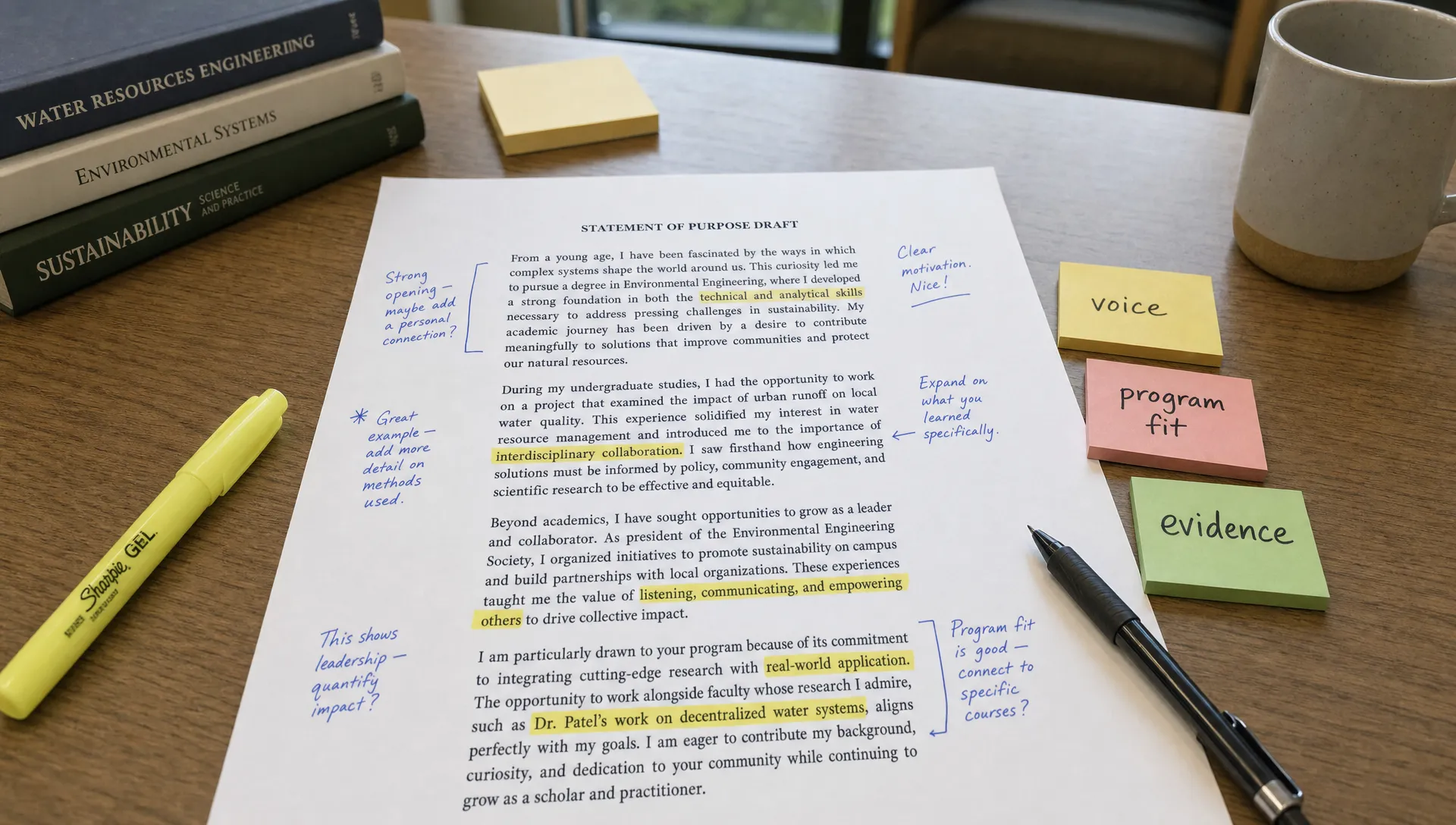 A printed statement of purpose draft covered with thoughtful handwritten margin notes, a highlighter, sticky notes labeled voice, program fit, and evidence, and a pen resting beside the pages on a desk in a quiet study room.