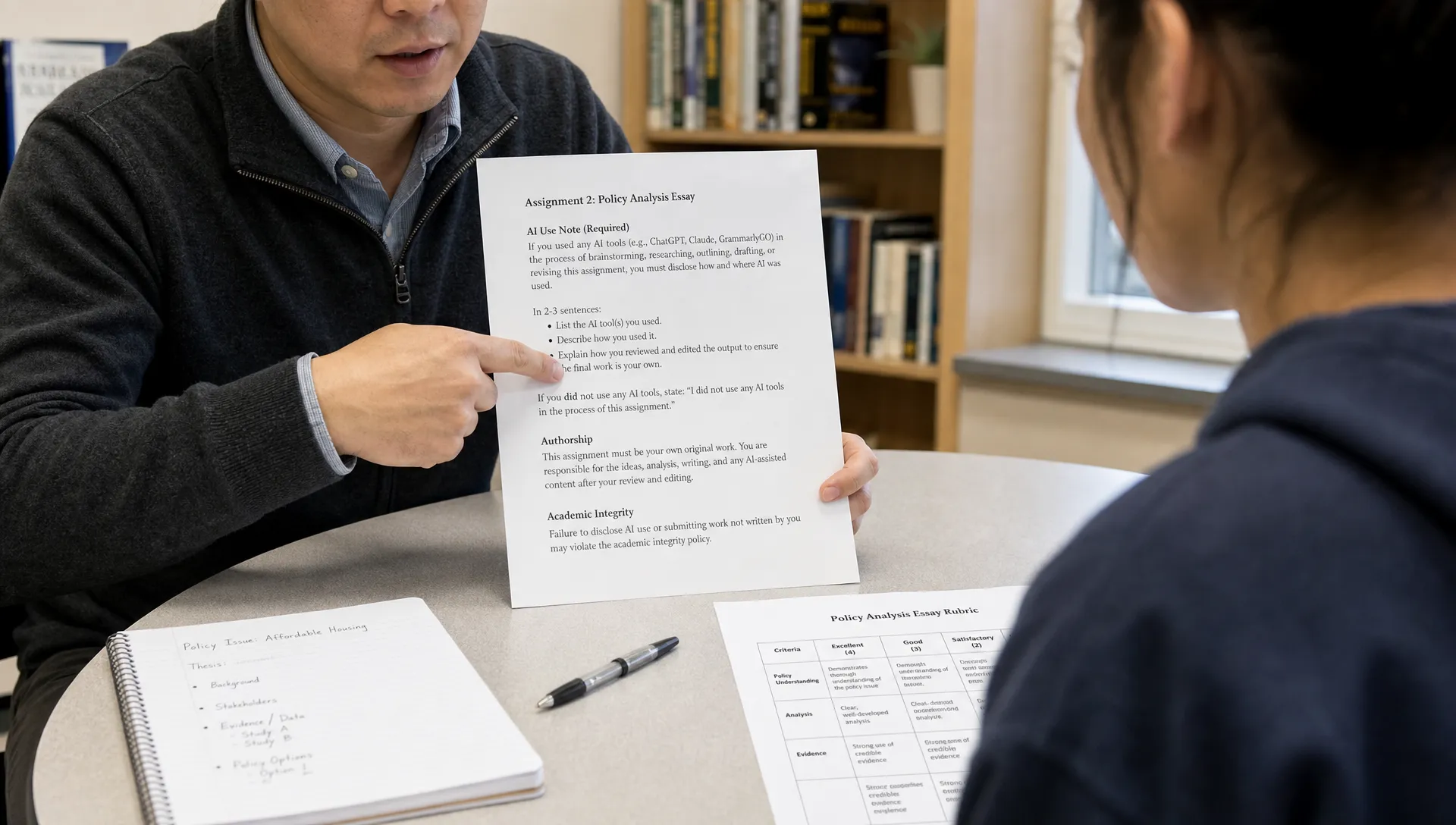 A student and instructor review an assignment disclosure note and rubric during office hours.
