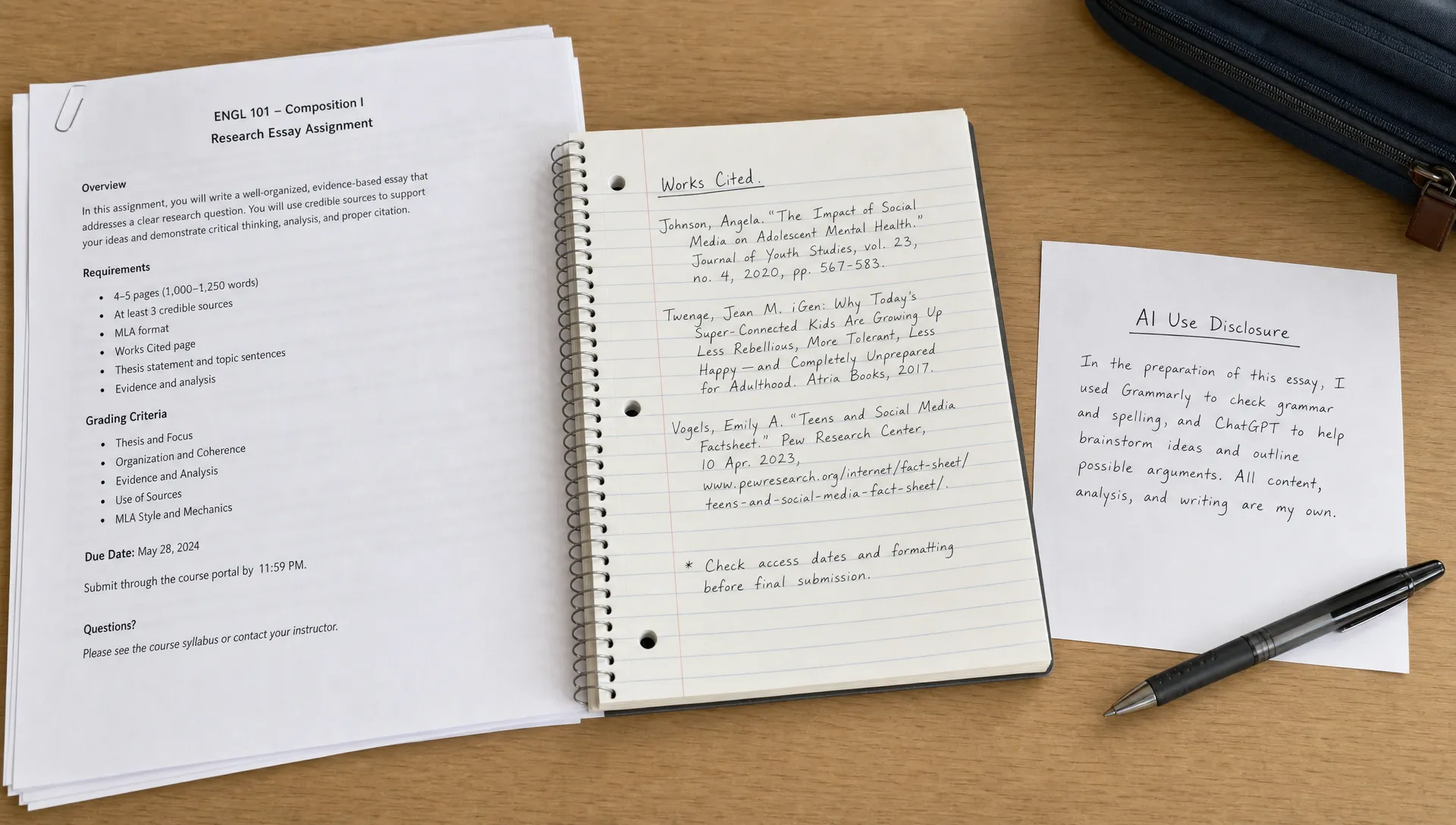 A student desk holds printed assignment pages, a notebook, citation notes and a short AI use disclosure draft beside a pen.