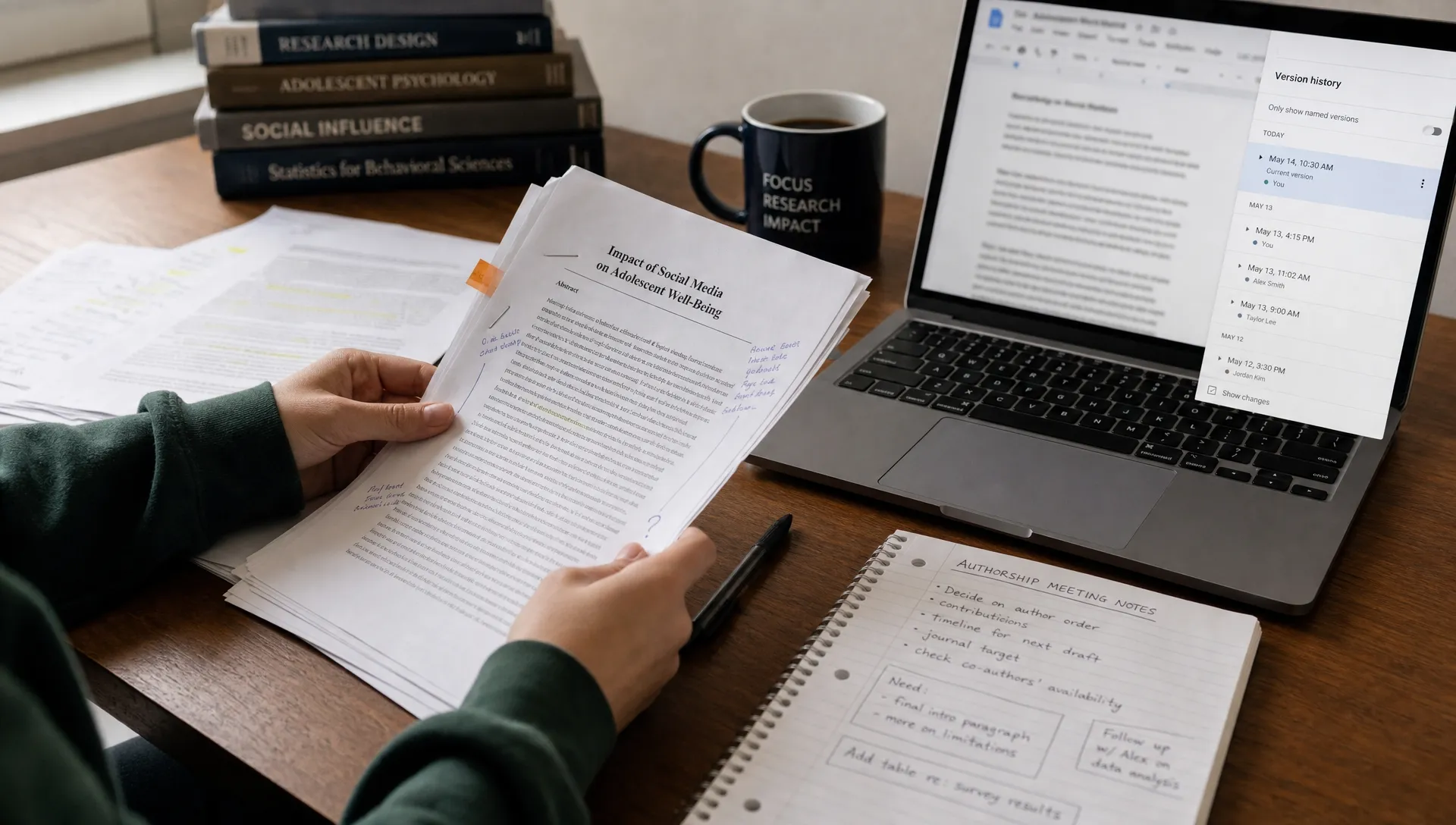 A student organizes printed drafts, handwritten notes and a laptop with document history open before an authorship meeting.