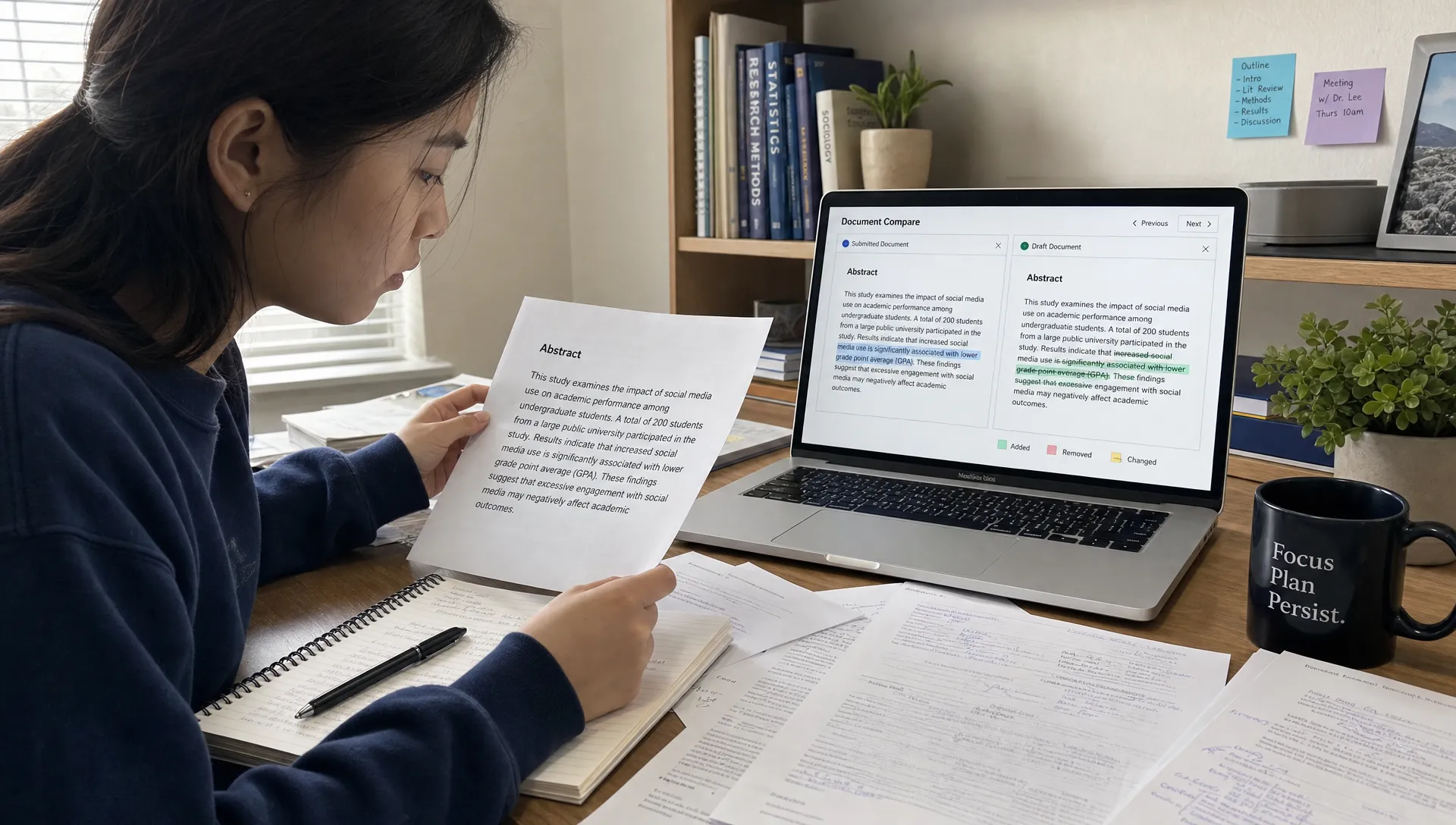 A student reviewing a printed abstract beside research notes, draft pages, and a laptop showing a document comparison screen facing the camera.