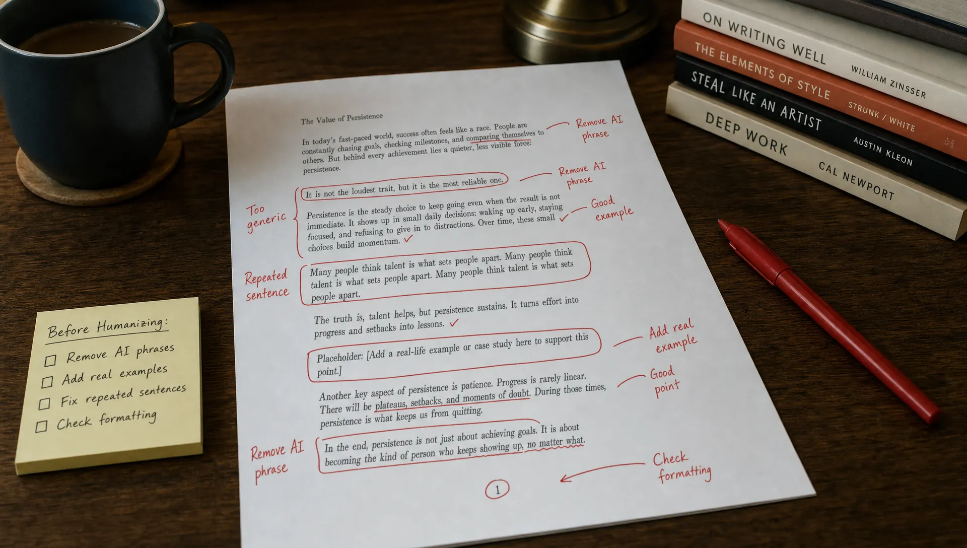 A writer’s desk with a printed draft marked in red for removing AI phrases, placeholder notes, repeated sentences, and suspicious formatting before using an AI humanizer.