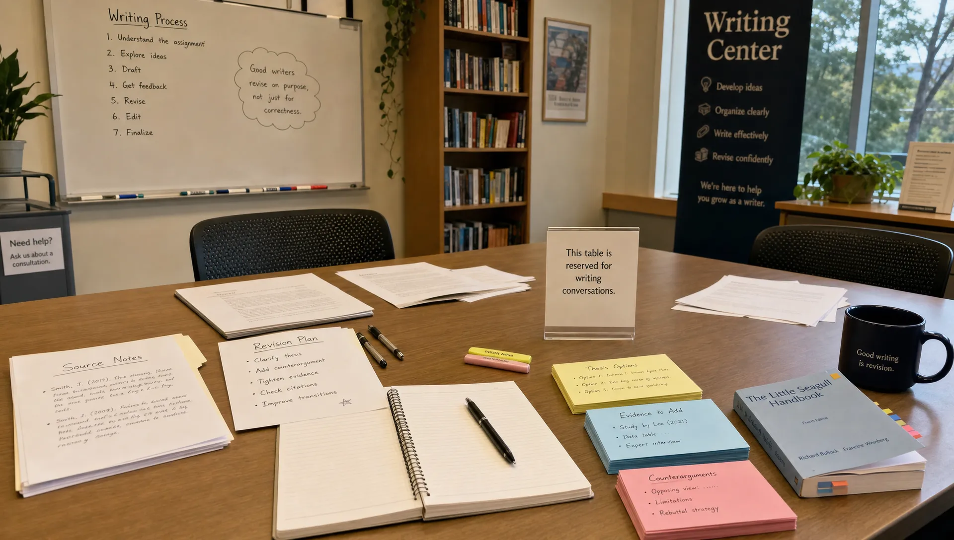 A writing center table holds drafts and revision notes for careful AI-assisted editing.