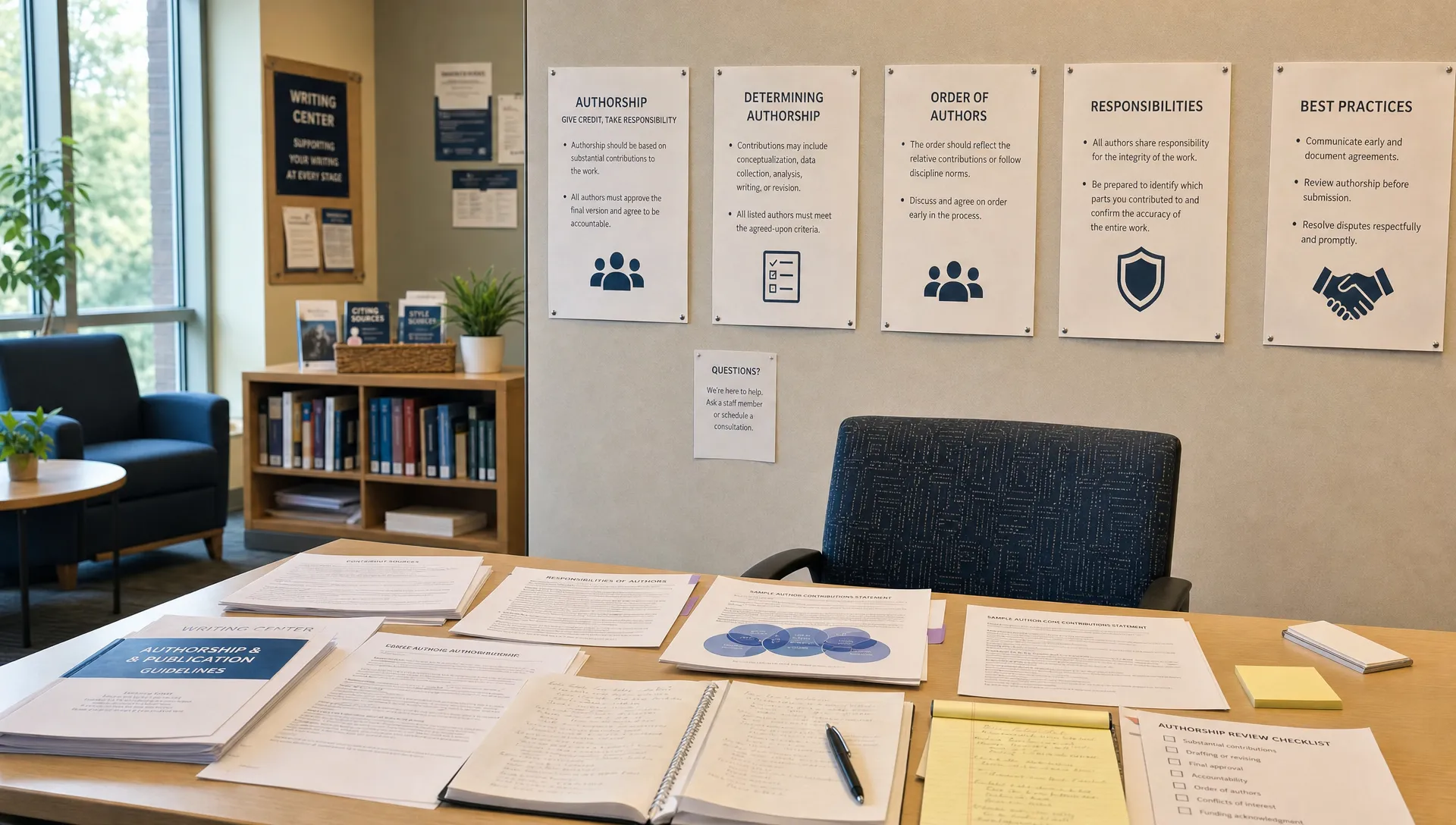 A writing center table holds policies, draft pages, source notes, and a review checklist in a quiet office corner.