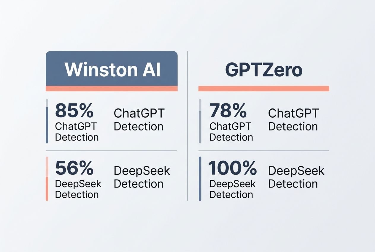A comparison chart showing ChatGPT and DeepSeek detection rates for Winston AI versus GPTZero. A comparison chart showing ChatGPT and DeepSeek detection rates for Winston AI versus GPTZero.