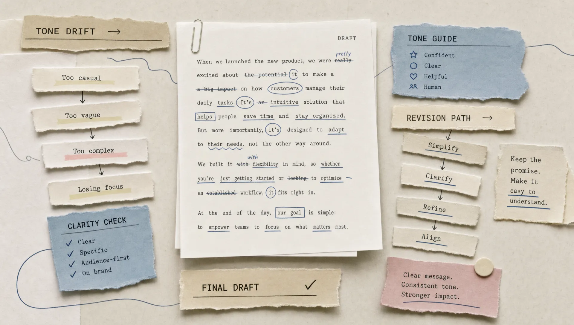 Layered paper strips and underlined phrases form a pattern around a central draft page.