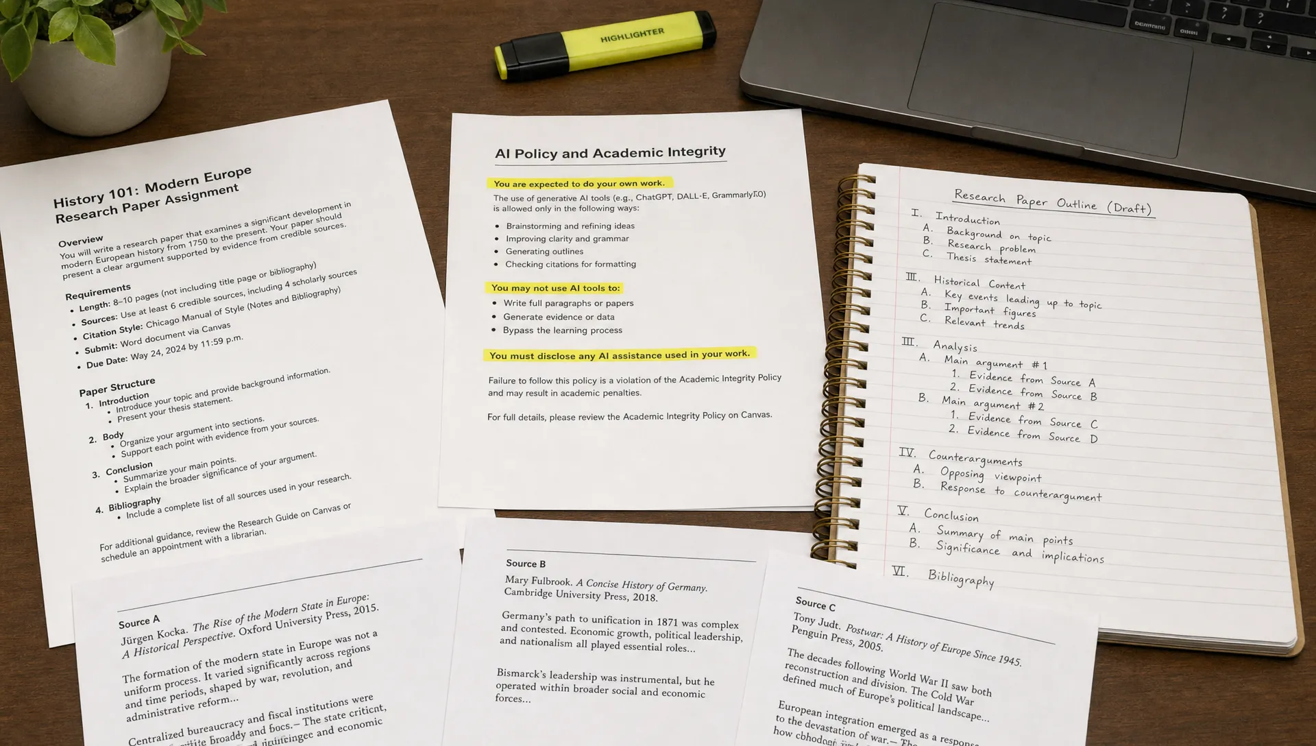 Printed assignment instructions, highlighted AI policy notes, a draft outline notebook, and source pages are organized for a final pre-submission review on a desk.