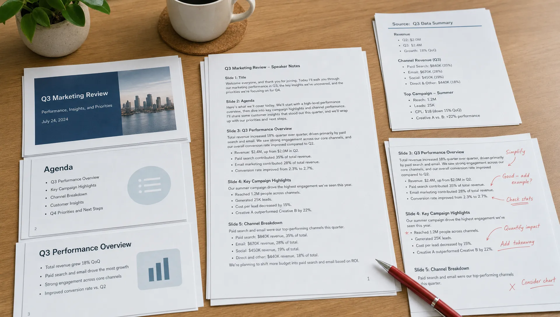 Printed slide pages lie beside speaker notes, source cards, and revision marks on a desk, highlighting the gap between slide bullets and full presentation notes.