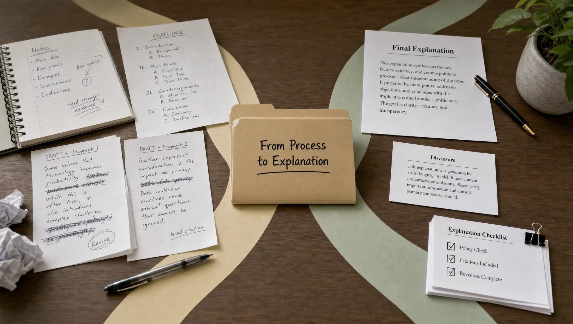 Two paper paths show the shift from rough notes to a final draft and disclosure.