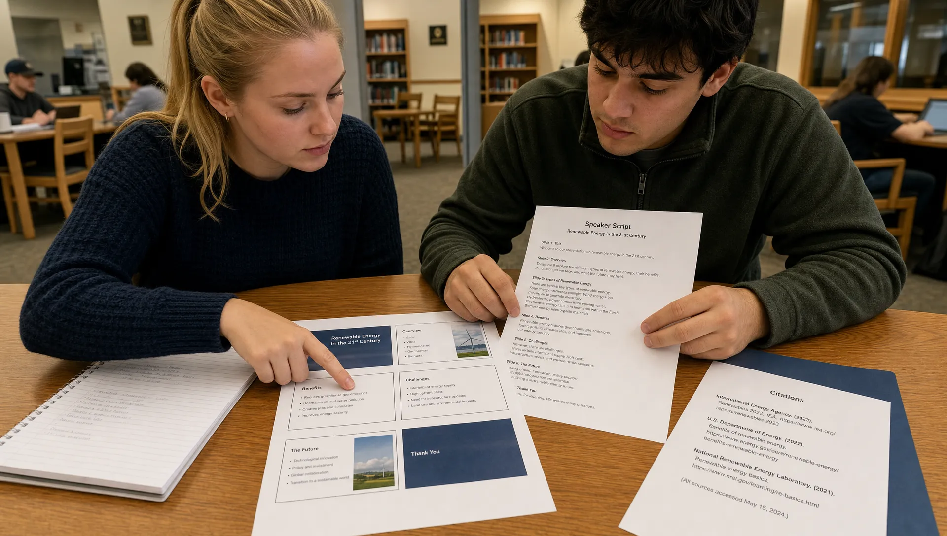 Two students review slide bullets and speaker notes together while checking citations before submitting to Turnitin.