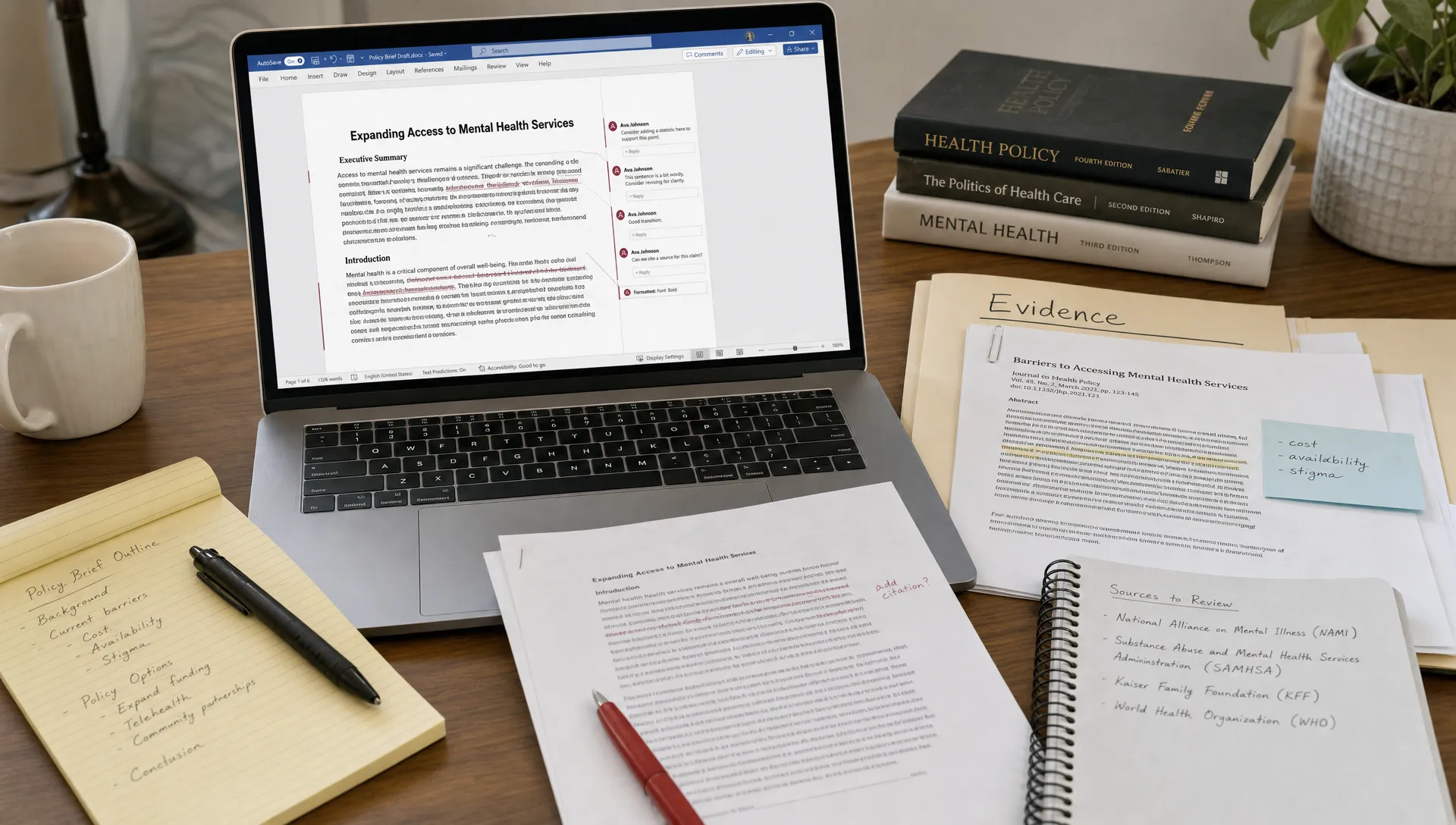 A desk with a laptop showing a Word draft in markup view beside printed pages, handwritten notes and source materials in an evidence folder.