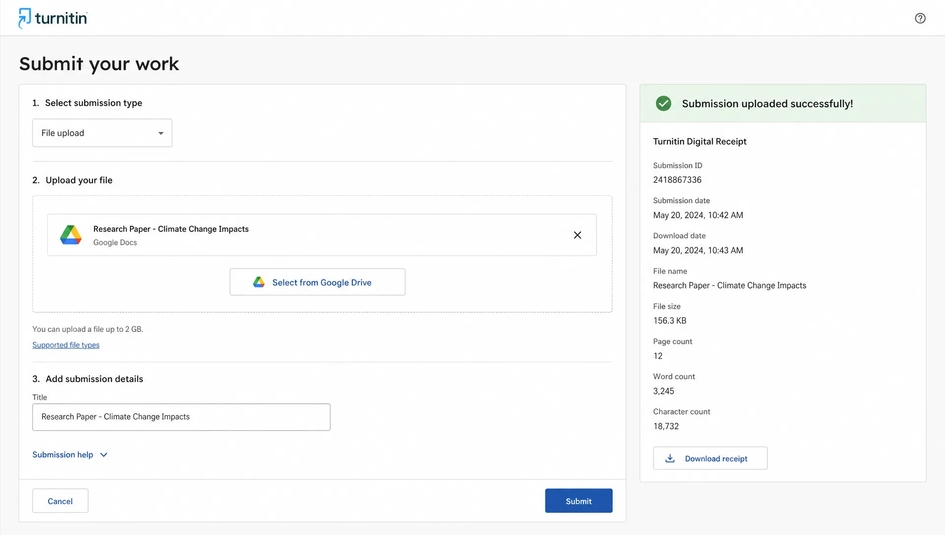 A Google Drive document is selected on a Turnitin upload page, with a confirmation receipt shown beside the submission.