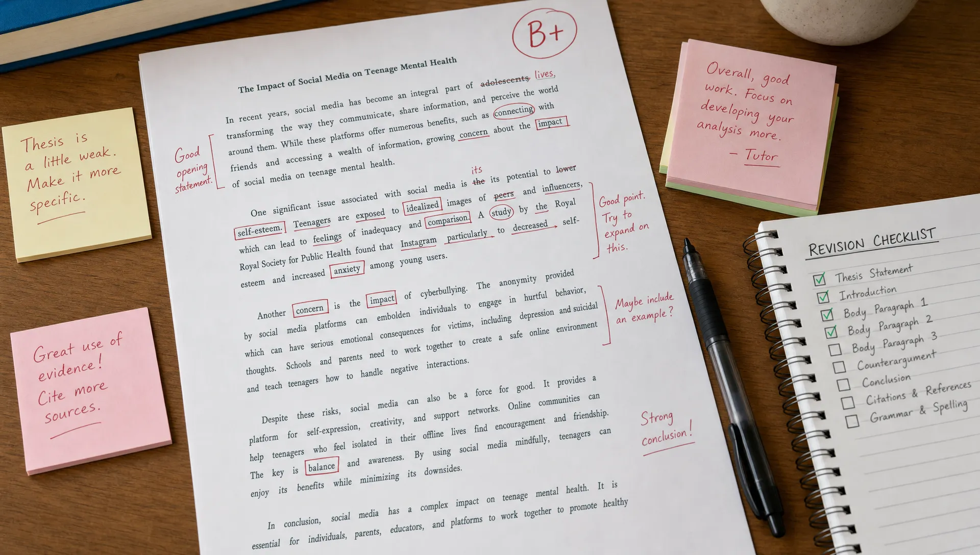 A marked essay draft on a desk with handwritten tutor comments, sticky notes, a pen, and a revision checklist.