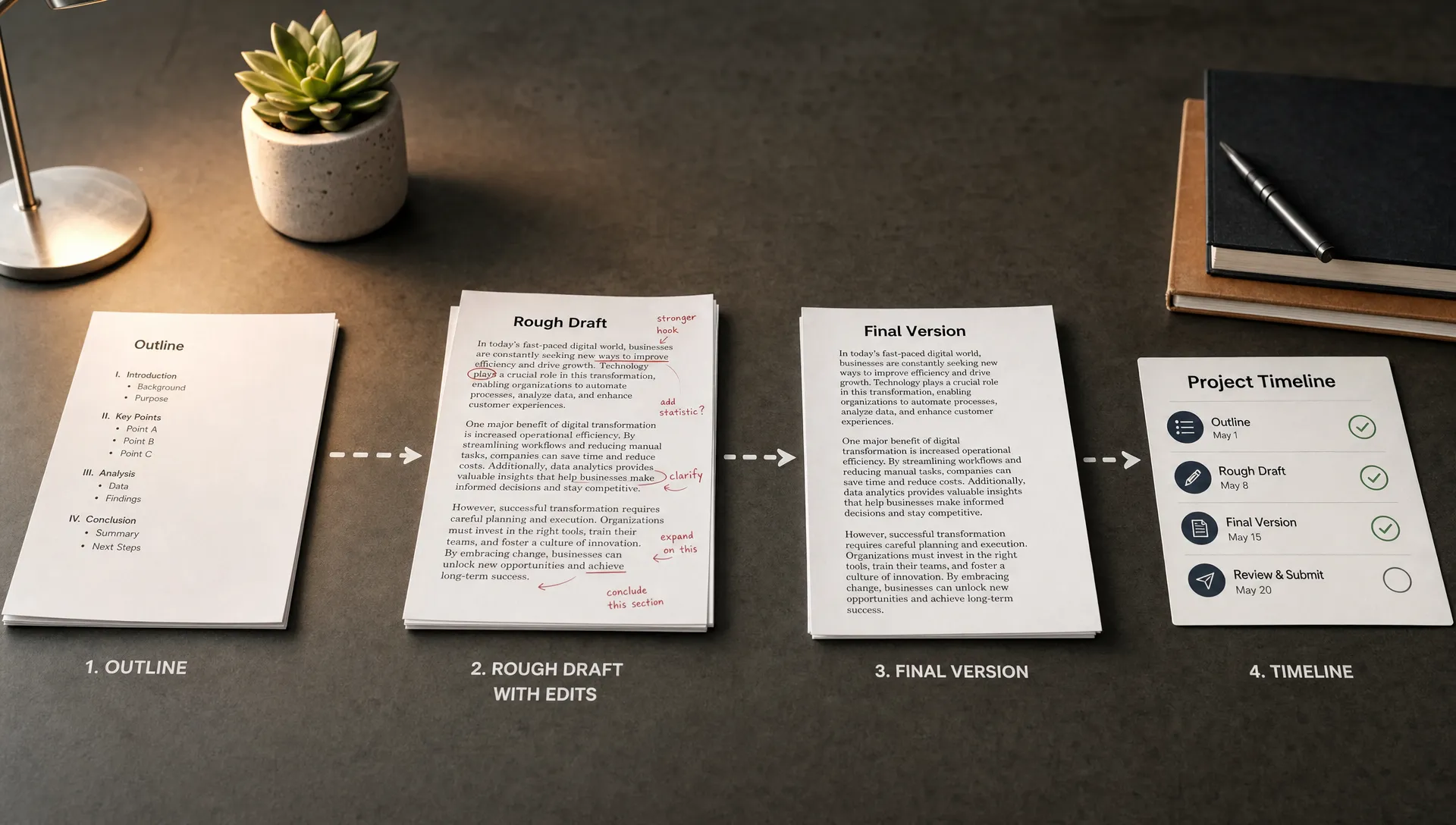 A paper trail shows an outline, edited draft and final version as evidence of the writing process.