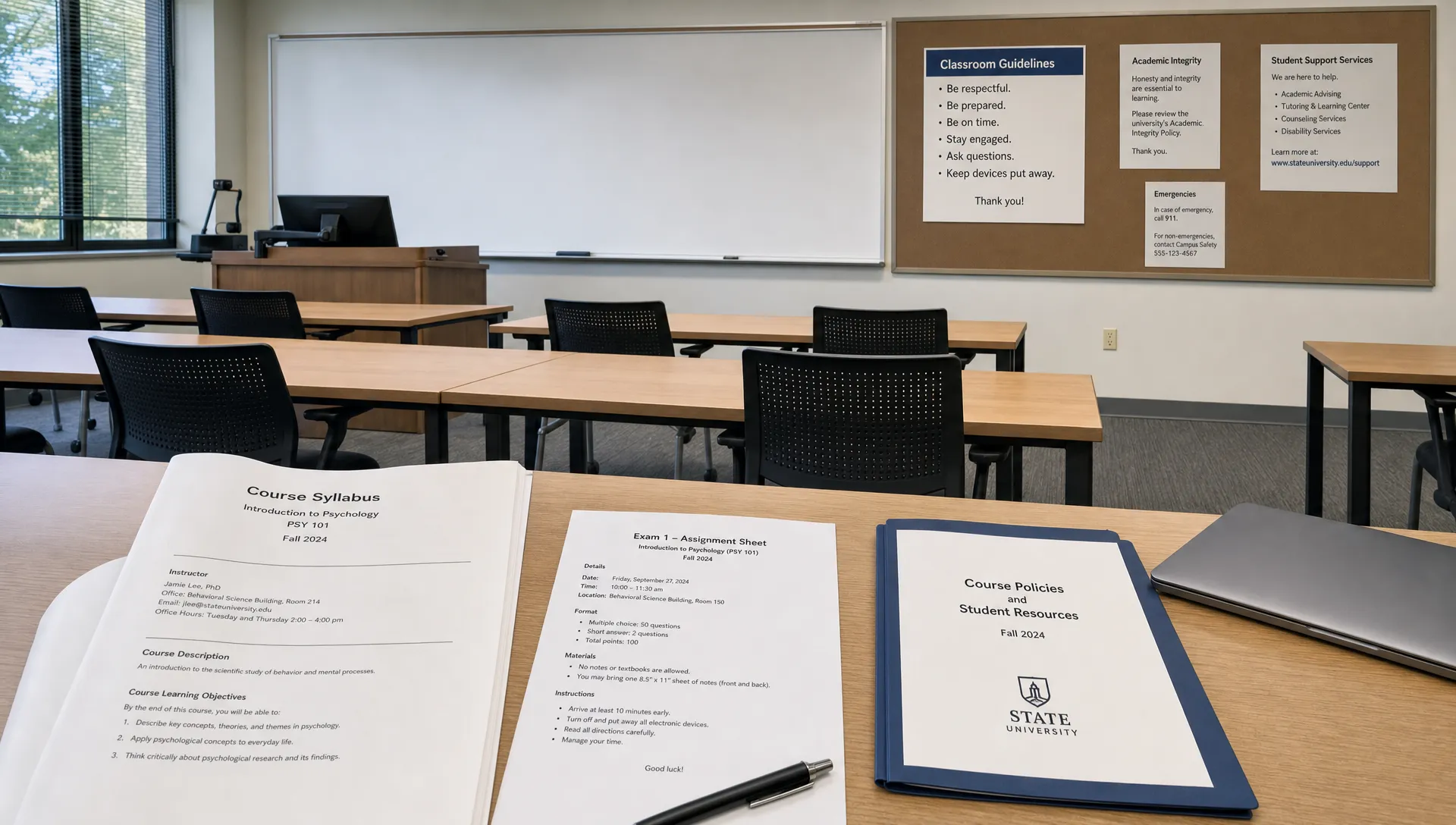 A quiet classroom shows a syllabus packet, assignment sheet, and policy handouts before a student writes with AI tools.