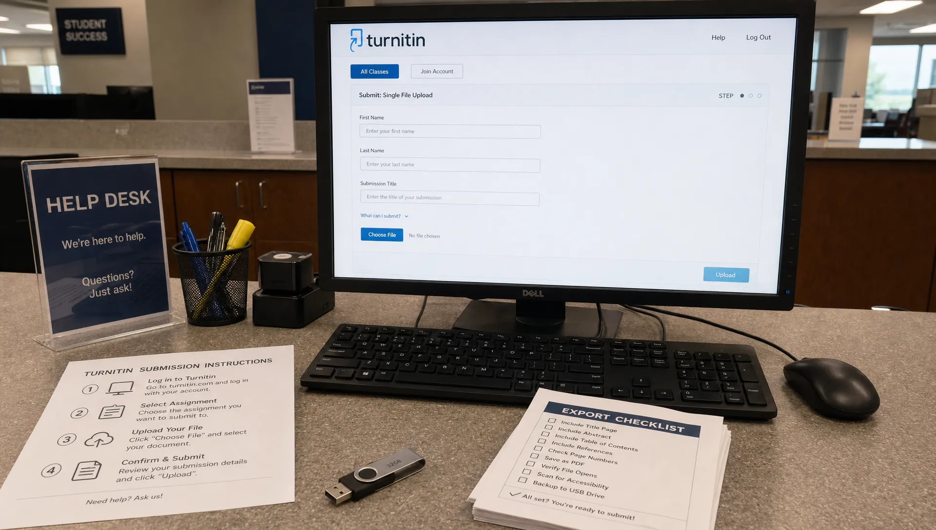 A school help desk counter holds a Turnitin instruction sheet, USB drive, and a workstation with the submission page open.