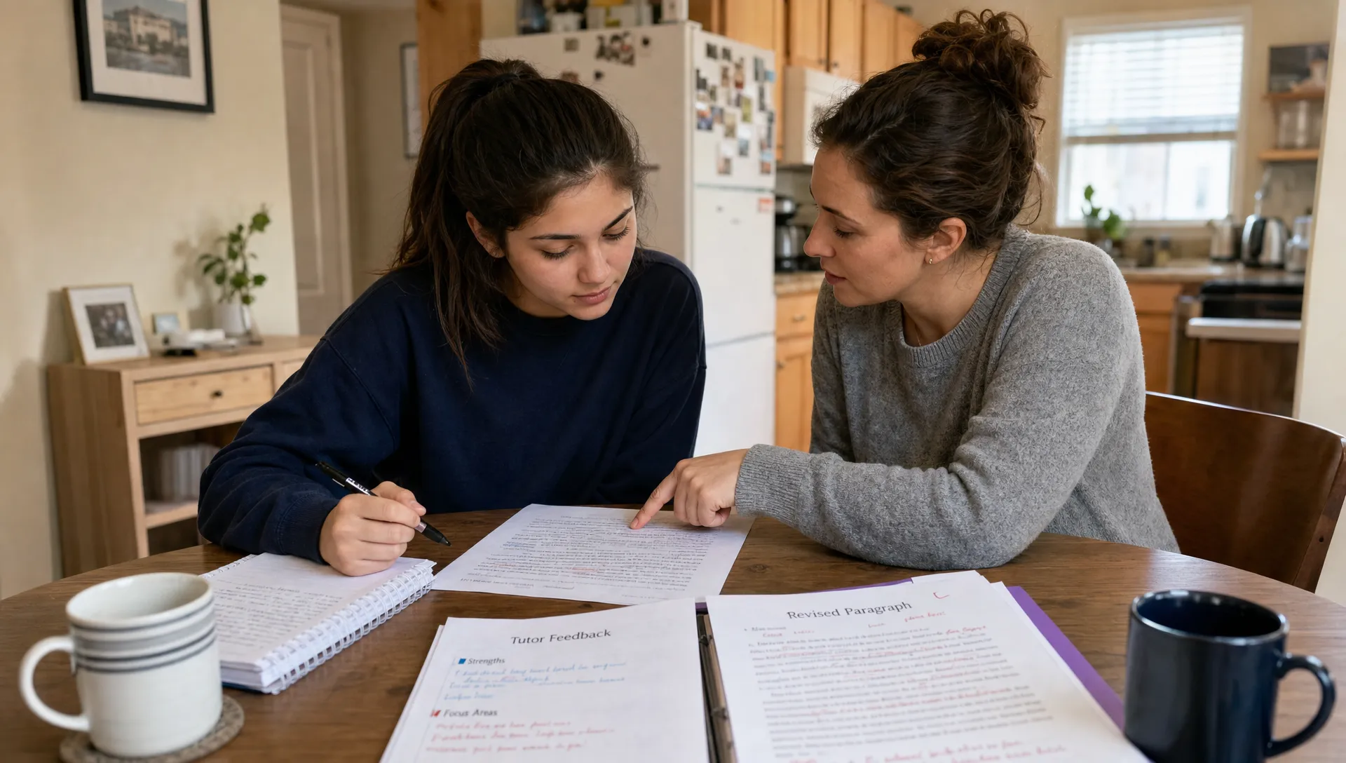 A student and tutor review a revised paper together at a kitchen table with notes and drafts spread out.